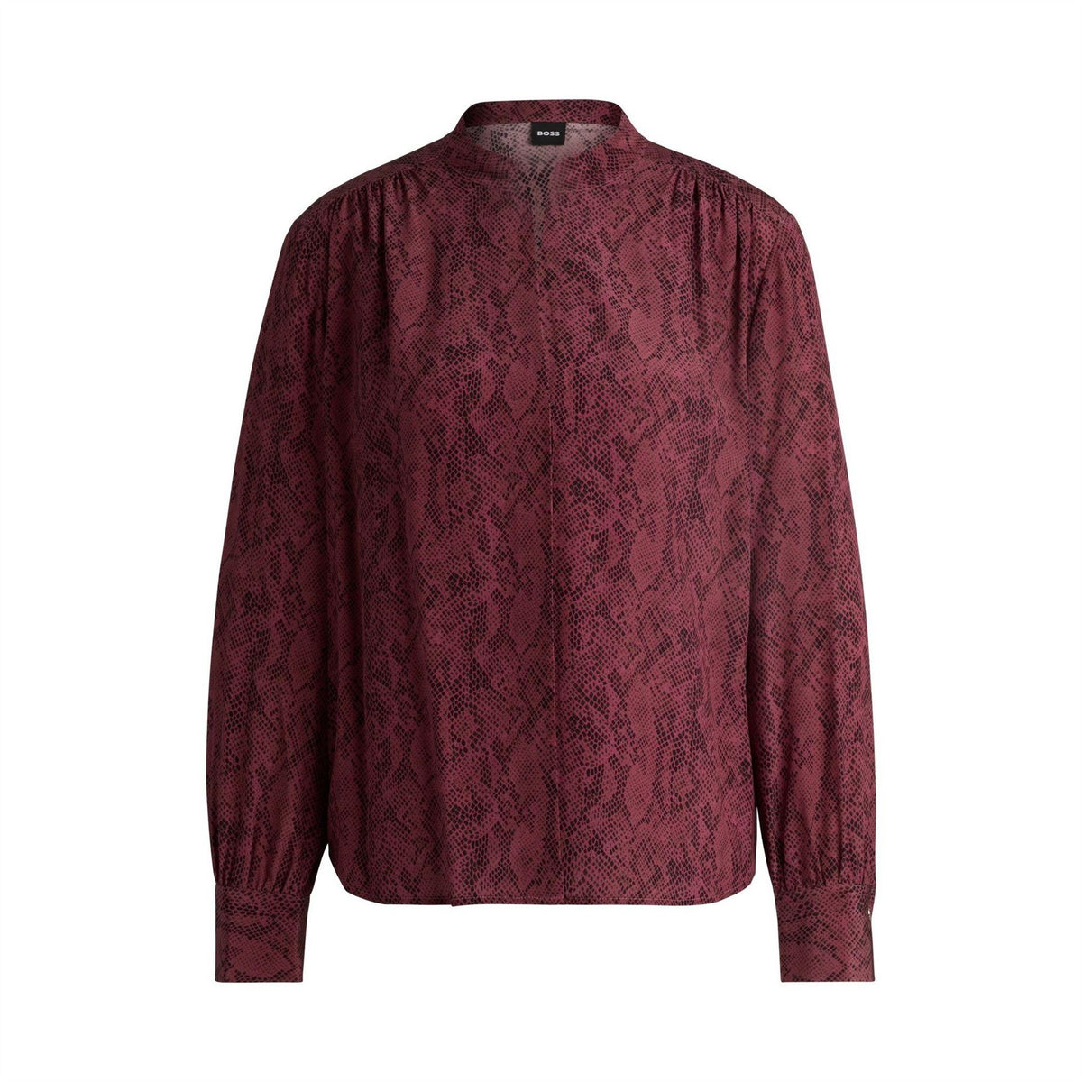 Boss Notched Neck Band Collar Long Sleeve Blouse