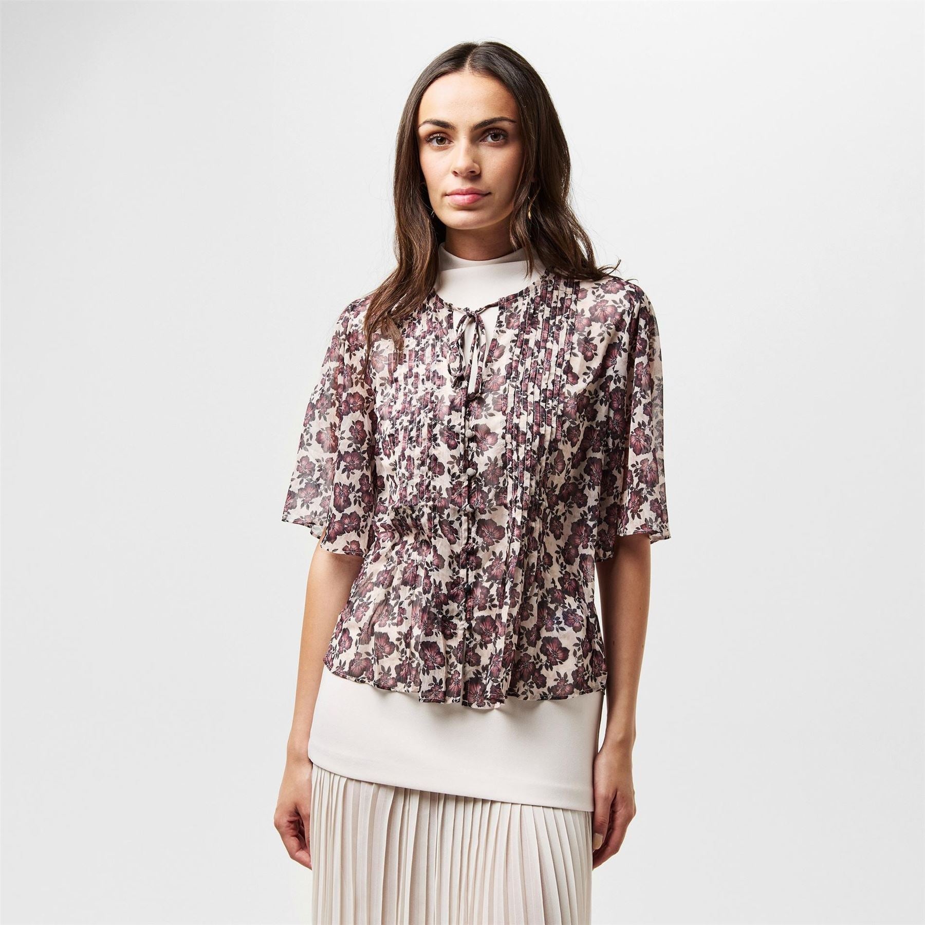 French Connection Elyse Relaxed Fit Puff Sleeve Tie Neck Blouse