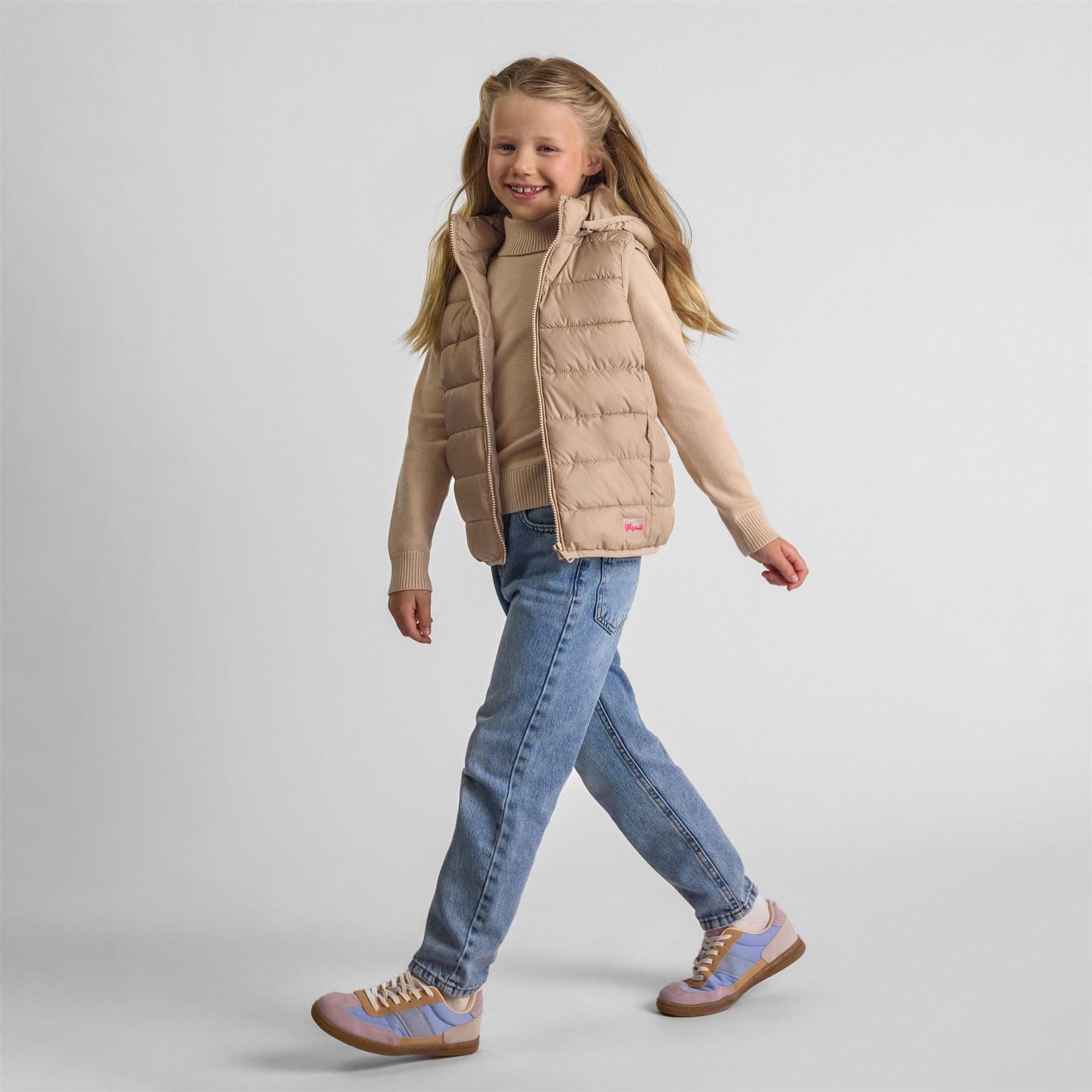 Minoti Girls Quilted Gilet Removable Hood Beige
