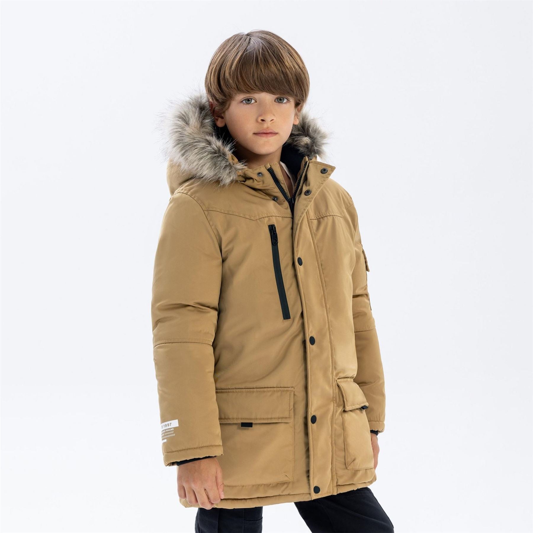 Minoti Boys Long Parka With Fur Hood And Chest Pocket Beige