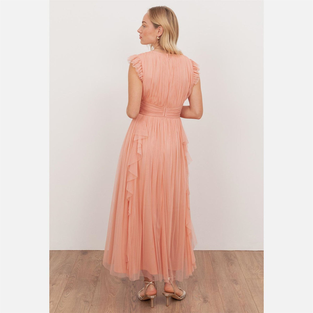 Anaya With Love With Love Recycled Peach V Neck Midaxi Dress With Waterfall Ruffle Detail