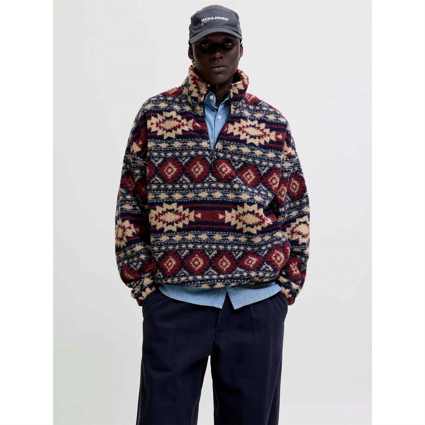 Jack and Jones Mens Eddie Teddy Fleece Half Zip Top