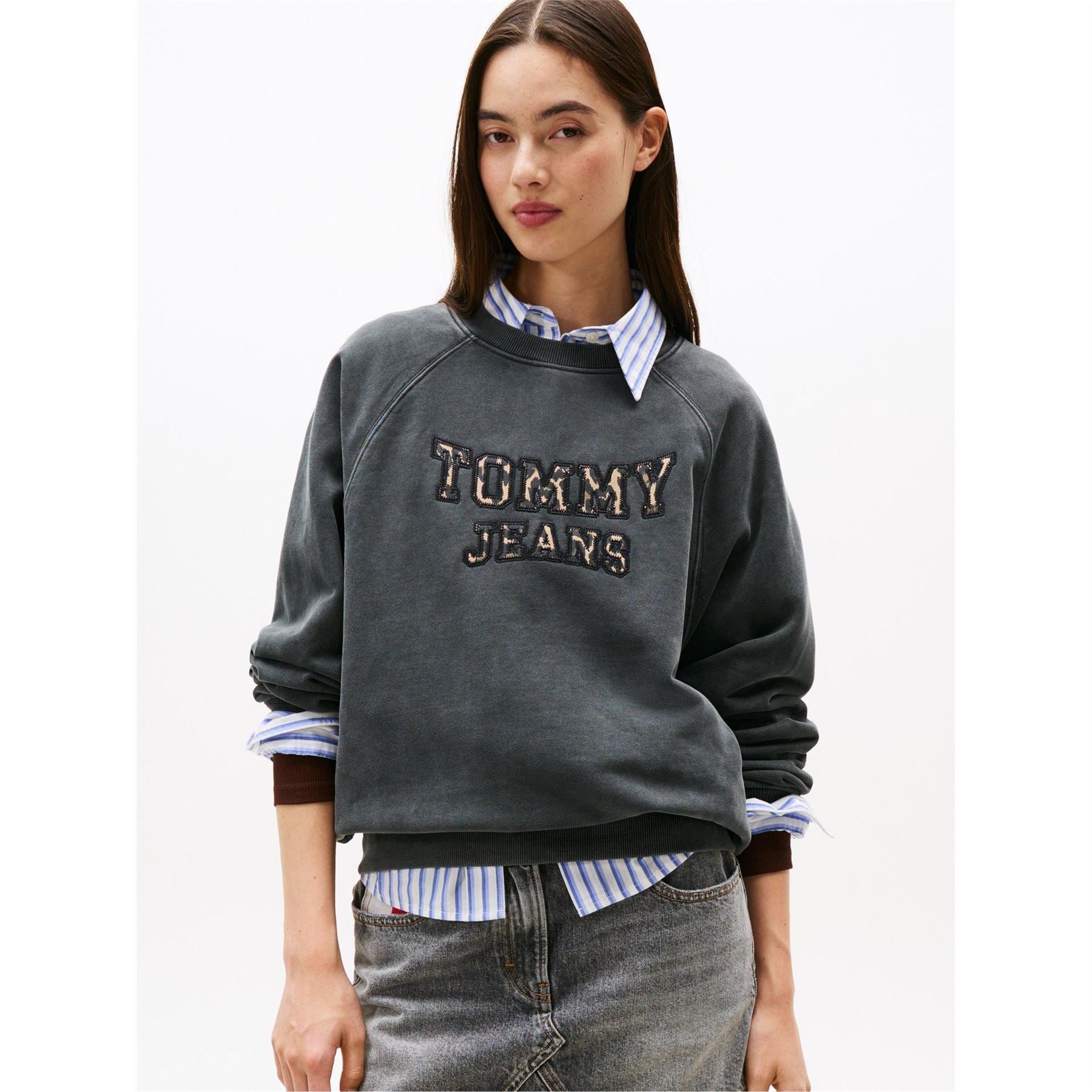 Tommy Jeans Leopard Embroidered Crew Neck Long Sleeve Sweatshirt