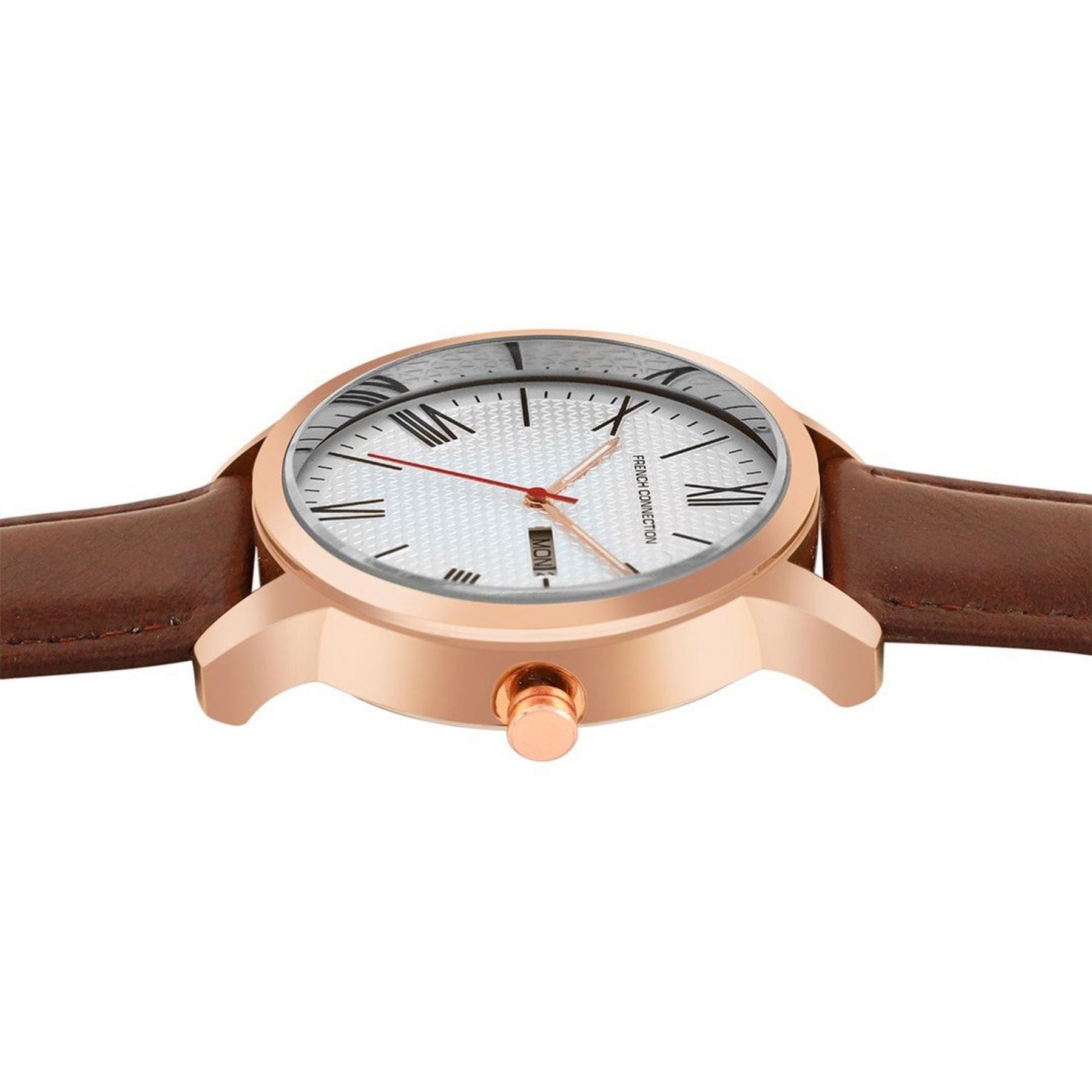 French Connection Connection Rose Case Round Shape Brown Strap Quartz Watch