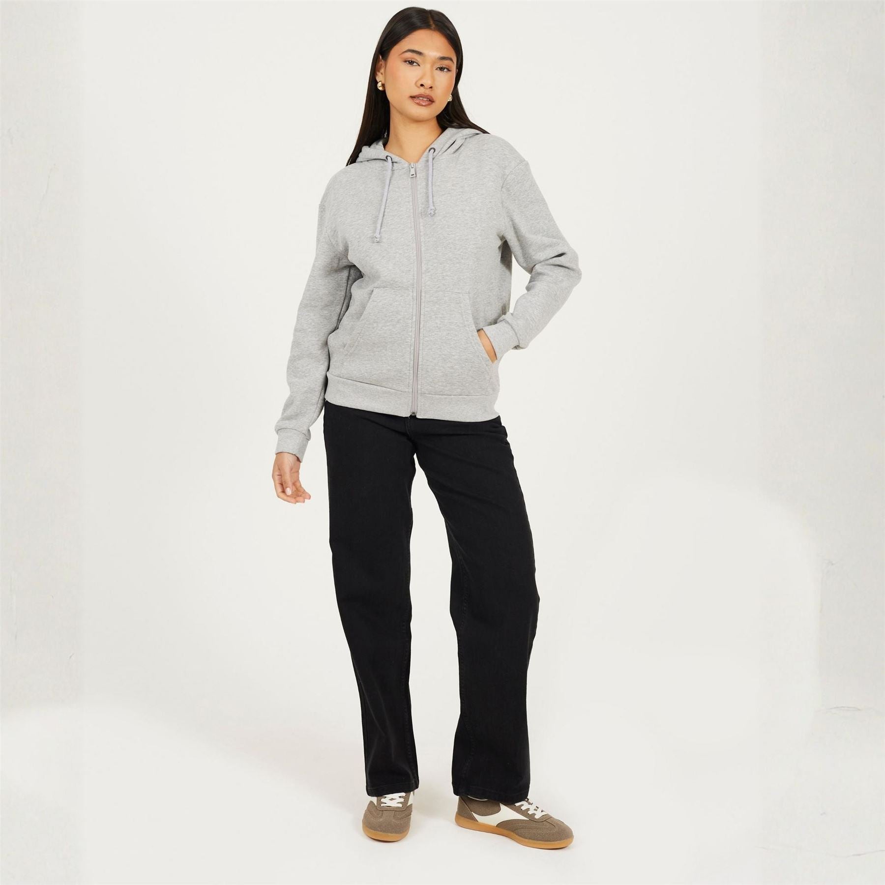 Brave Soul Solid Patterned Hooded Ribbed Cuff Sweat Jacket with Kangaroo Pocket