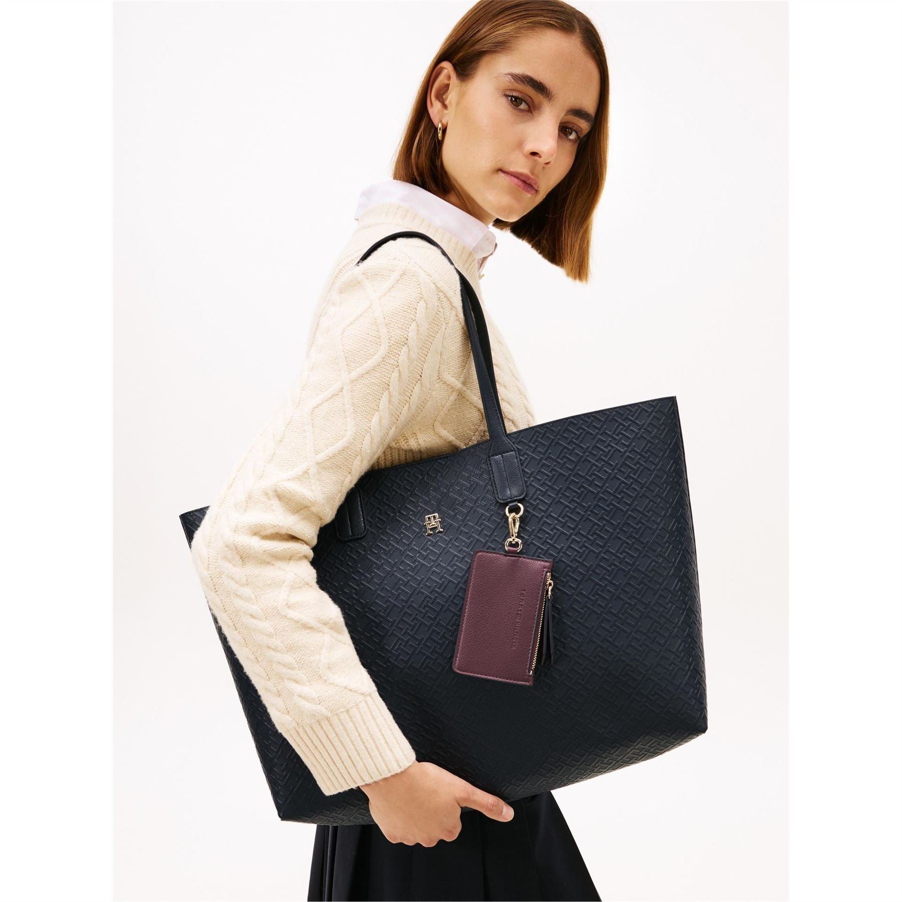 Tommy Hilfiger Solid Patterned Icon Tote with Gold Tone Hardware