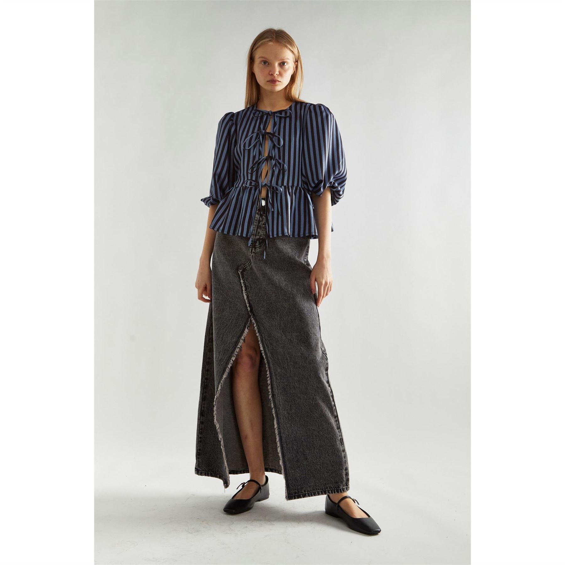 Glamorous Blue Black Stripe Tie Front  Top