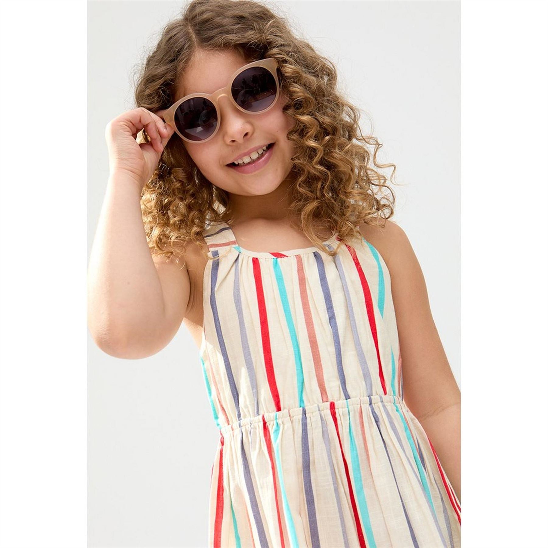 Raffya Kids Kris Cross Back Stripe Print Dress In Cream