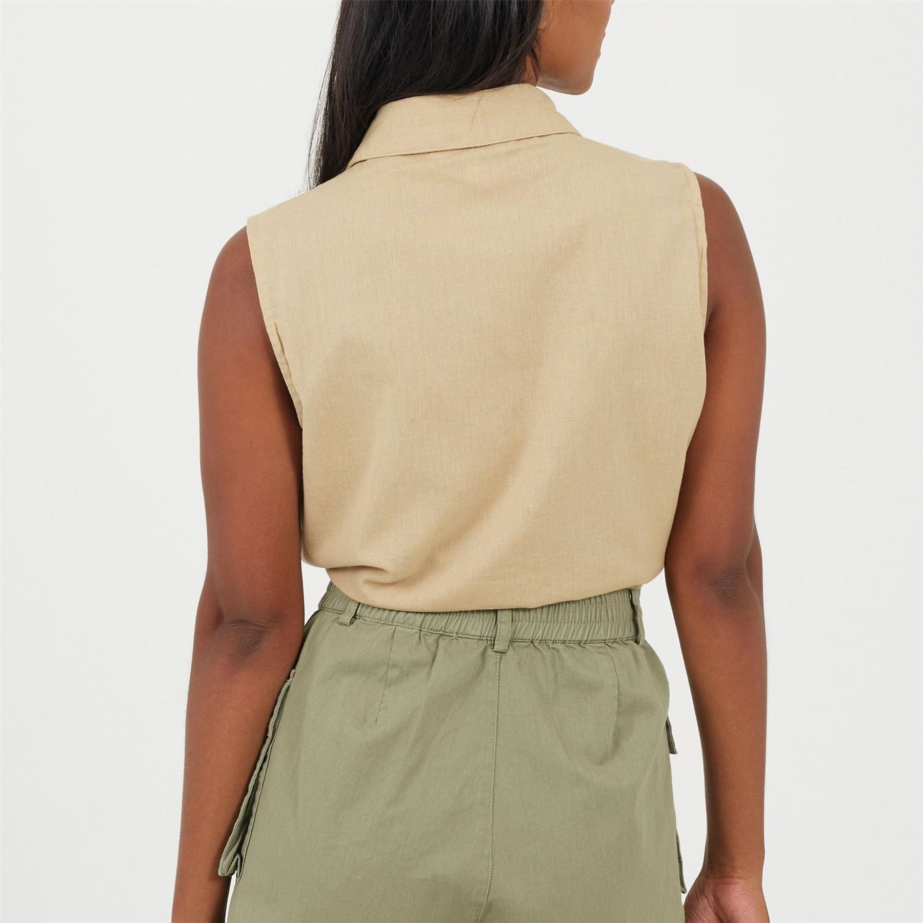 Brave Soul Womens Sleeveless Collared Top With Tie Detail