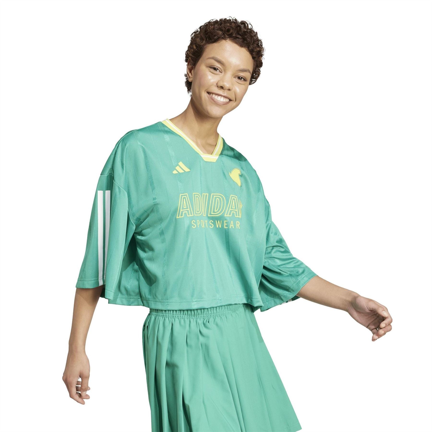 adidas Tiro Three Bar Logo Cropped Drop Shoulder Lettering Relaxed Fit T-Shirt