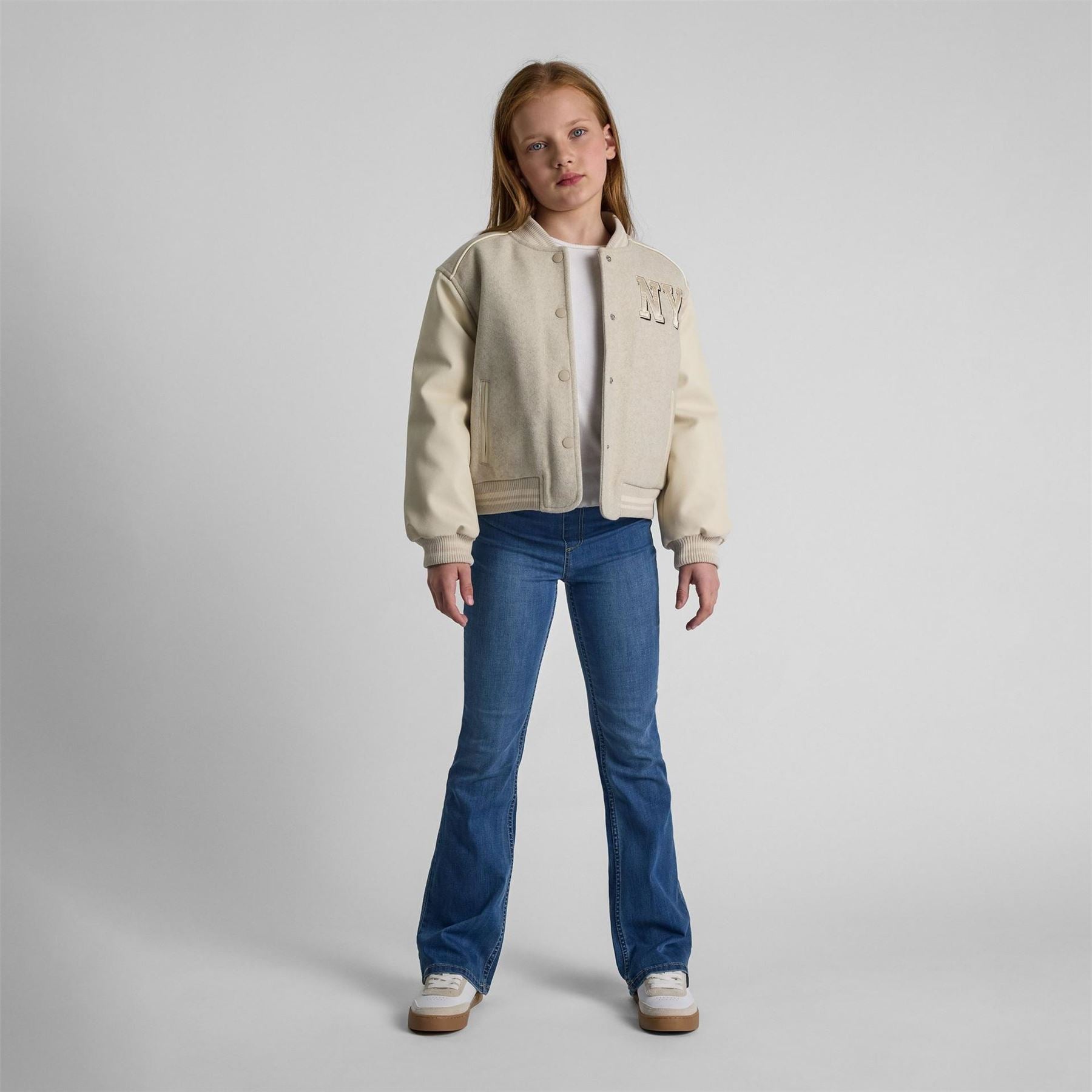 Minoti Girls Baseball Style Jacket With Ny Patch And Faux Leather Sleeves Beige