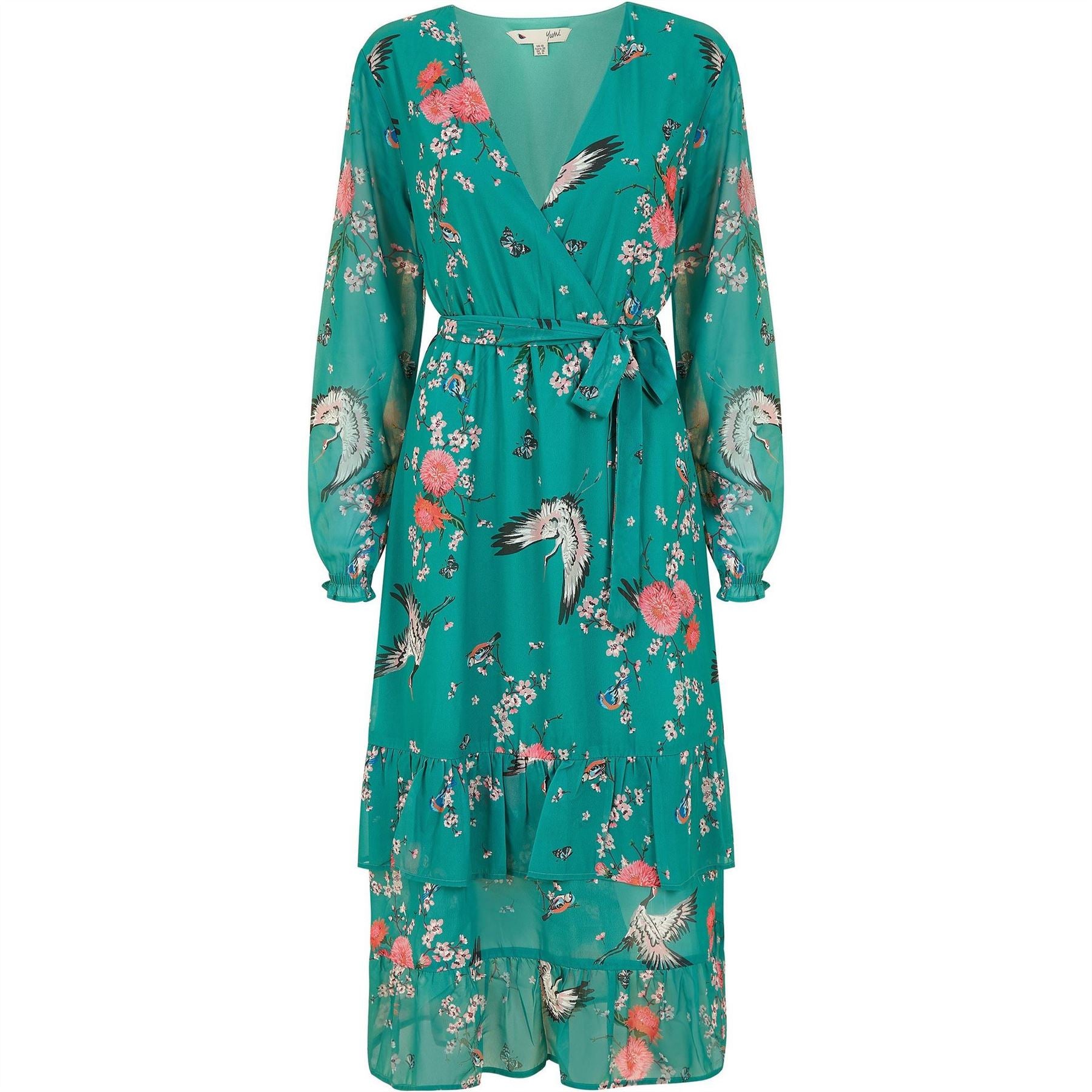 Yumi Crane Print Wrap Midi Dress