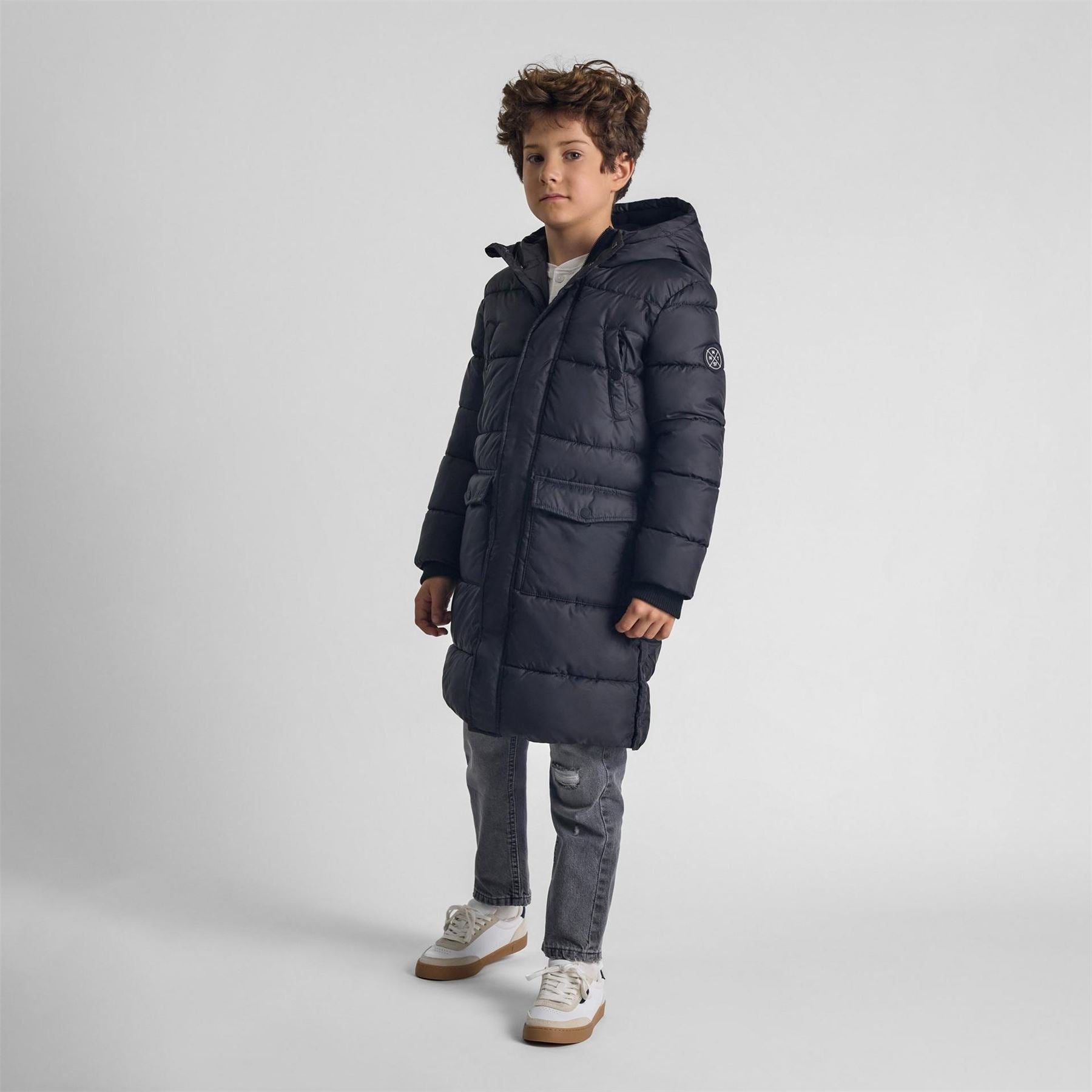 Minoti Boys Long Padded Coat With Hood And Snap Details Grey