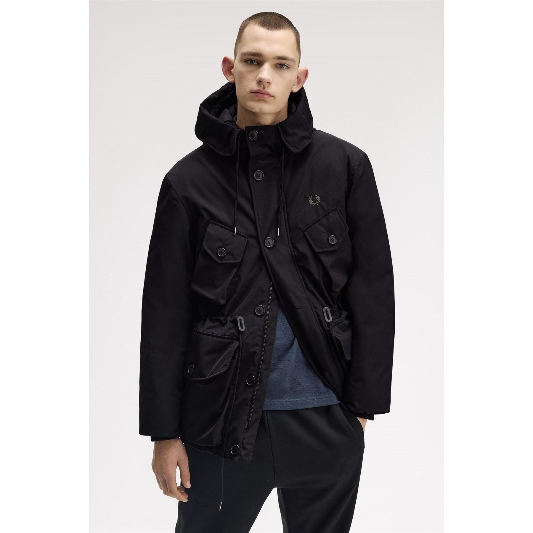 Fred Perry Patch Puffer Hooded Thigh Length Parka