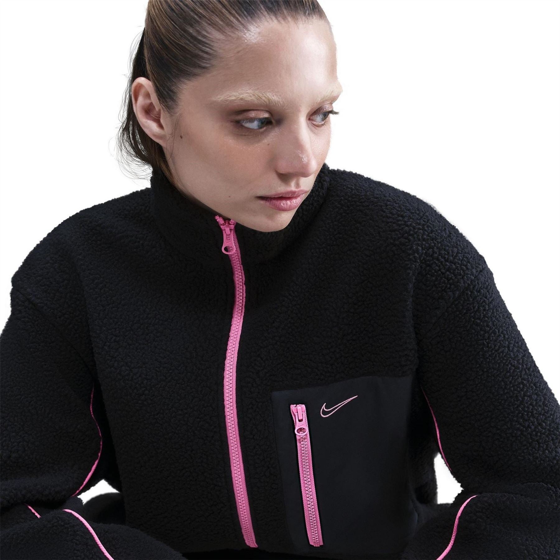 Nike Sherpa Full Zipper Solid Patterned Jacket