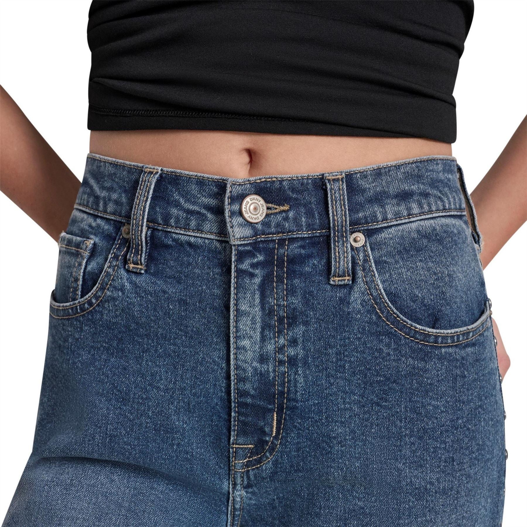 DKNY Jeans High Rise Modern Wide Leg W  Curved Studded Forward Seam