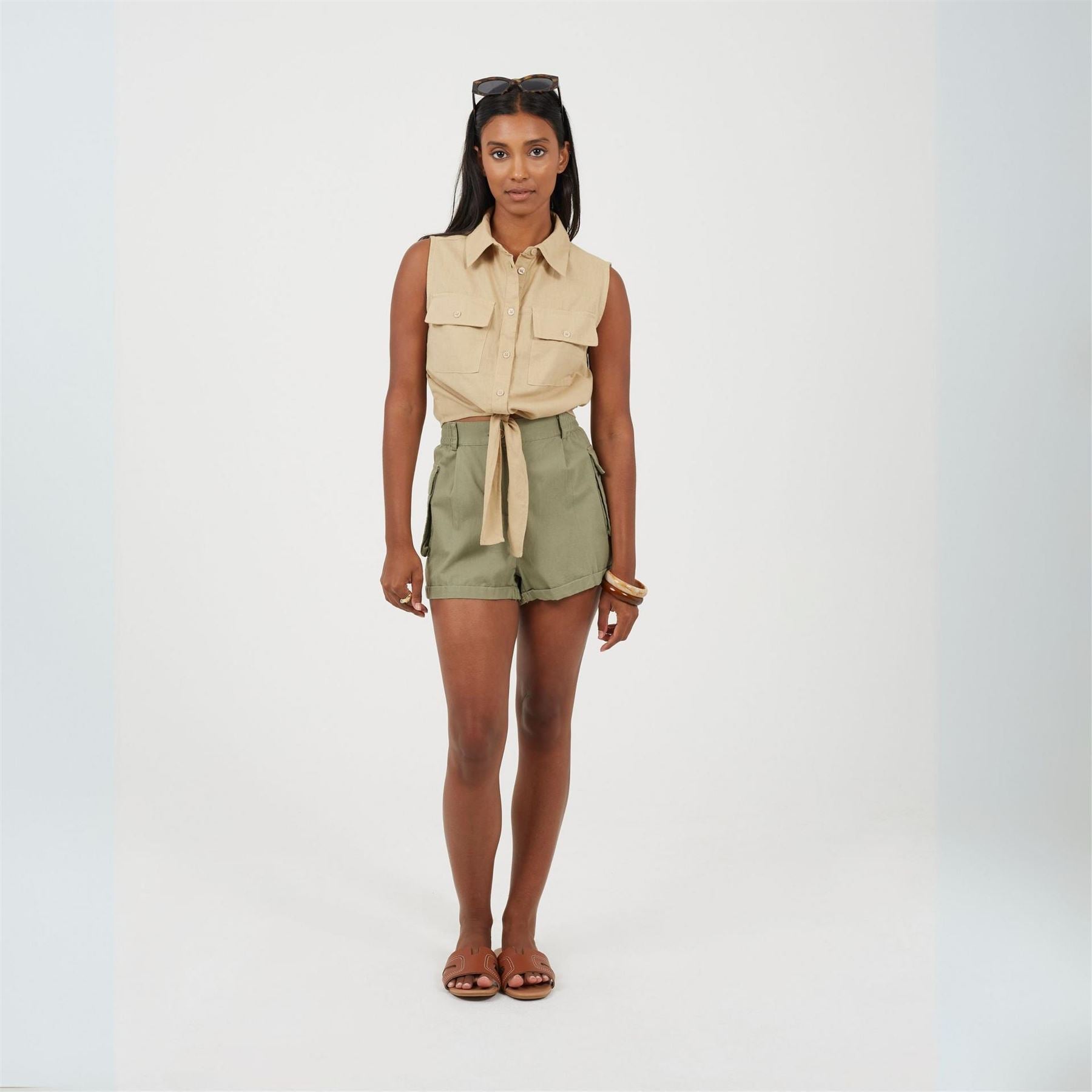 Brave Soul Womens Sleeveless Collared Top With Tie Detail