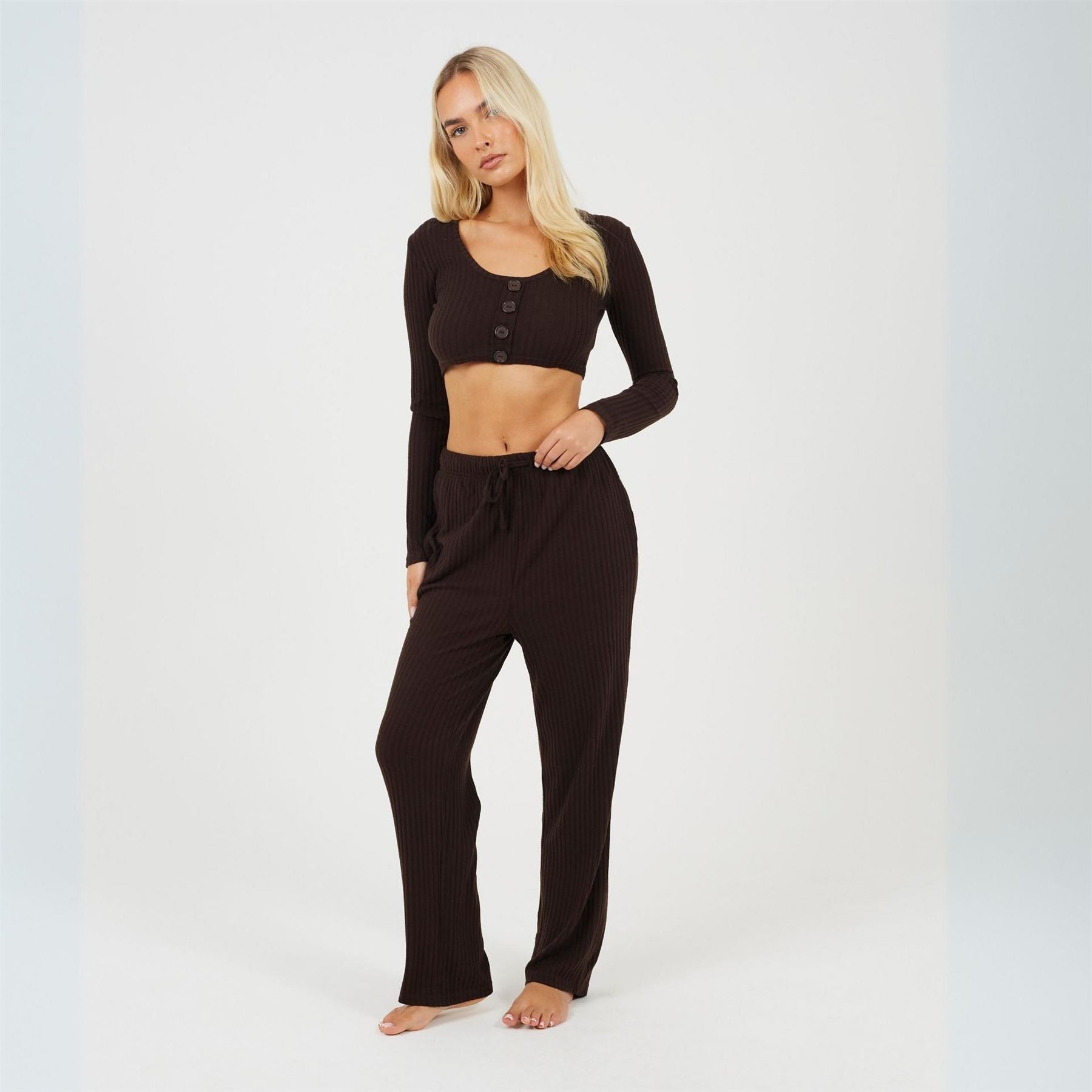 Brave Soul Womens Long Sleeve Cropped Top And Matching Trouser Lounge Set