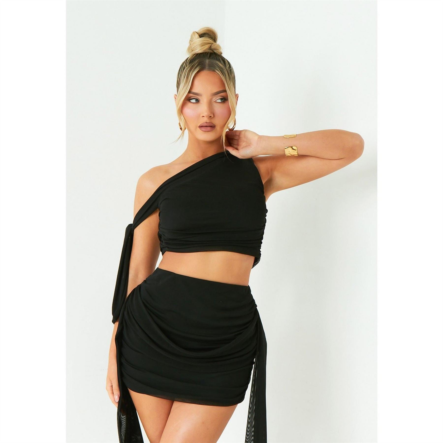Missy Empire One Shoulder Tie Detail Mesh Crop Top