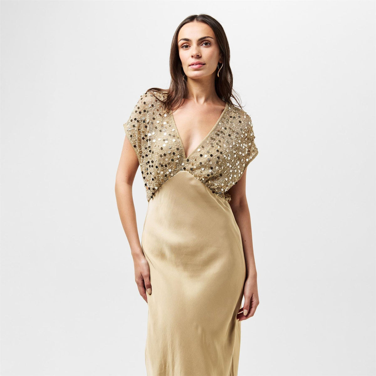 Never Fully Dressed Sequin Elodie V-Neck Maxi Gown Dress