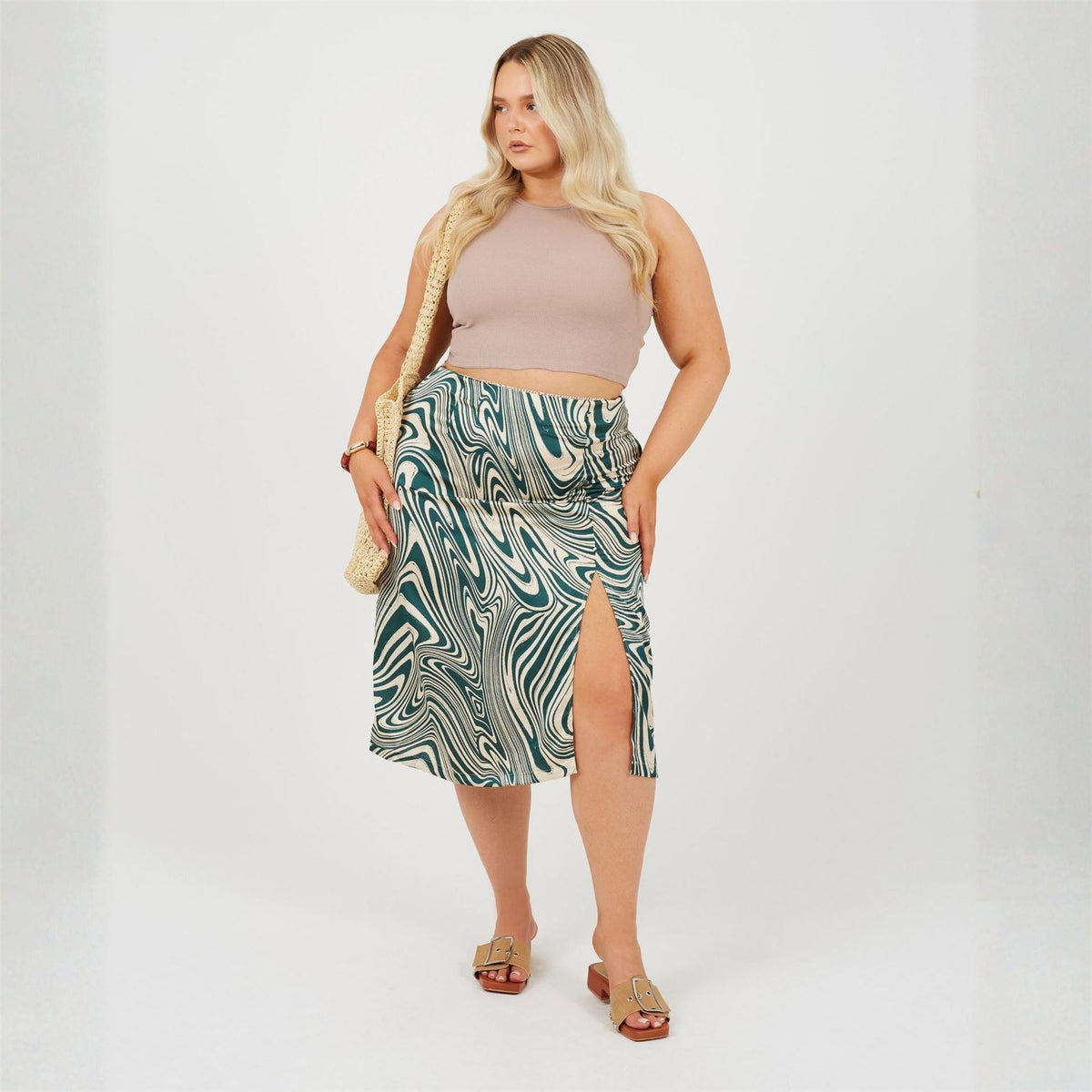 Brave Soul Plus Size Swirl Print Skirt With Side Split  And  Button Detail