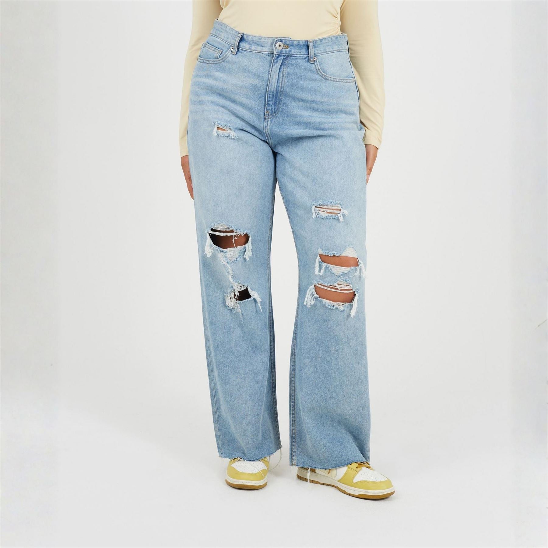 Brave Soul Womens Plus Size Wide Leg High Waist Distressed Jeans