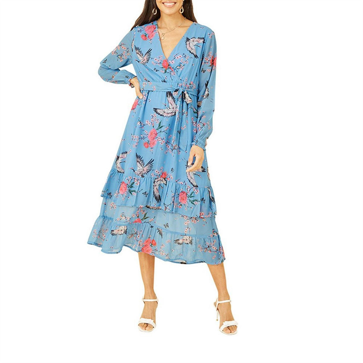 Yumi Crane Print V-Neck Midi Wrap Dress