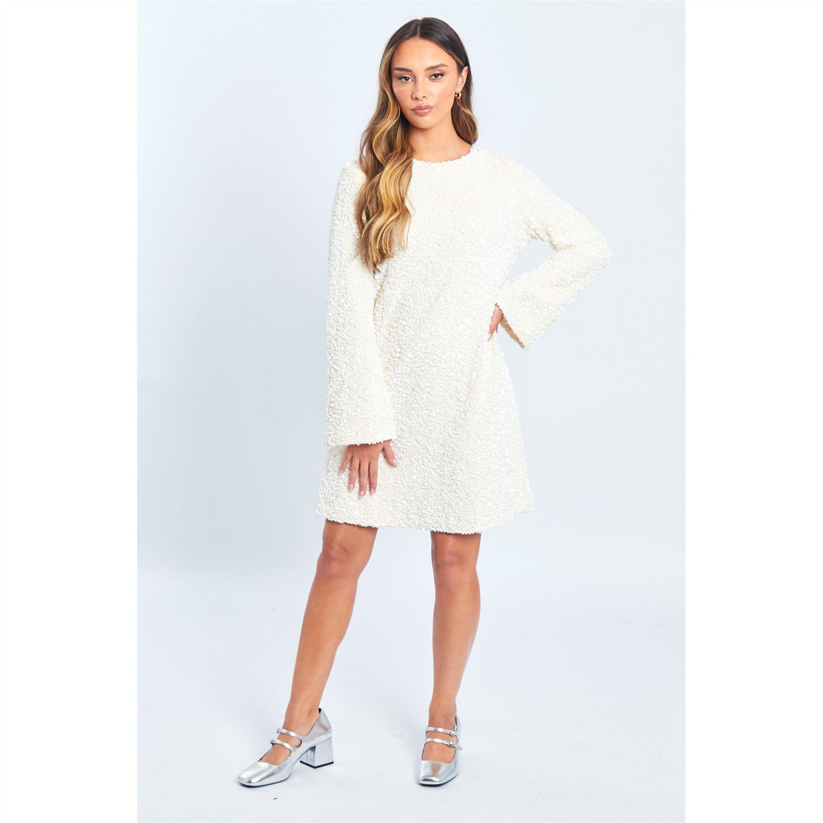 Be You Sequin Bow Crew Neck Knee Length A-Line Dress
