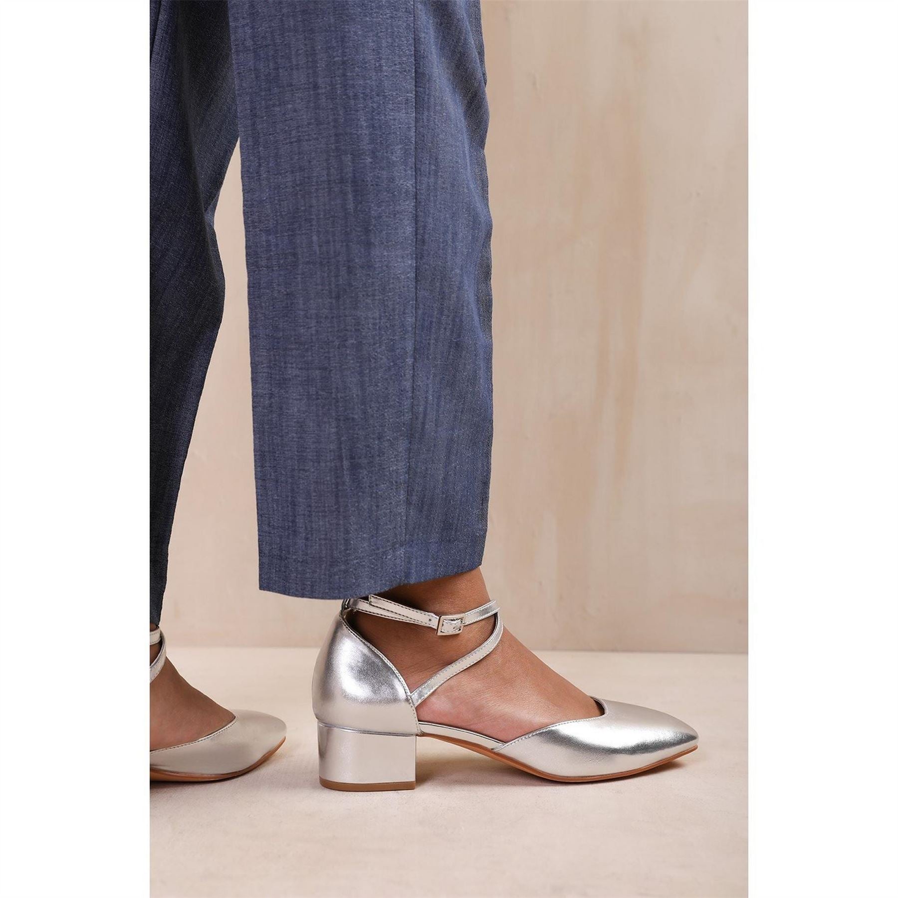 Wheres That From Metallic Almond Toe Block Heel Court Shoes