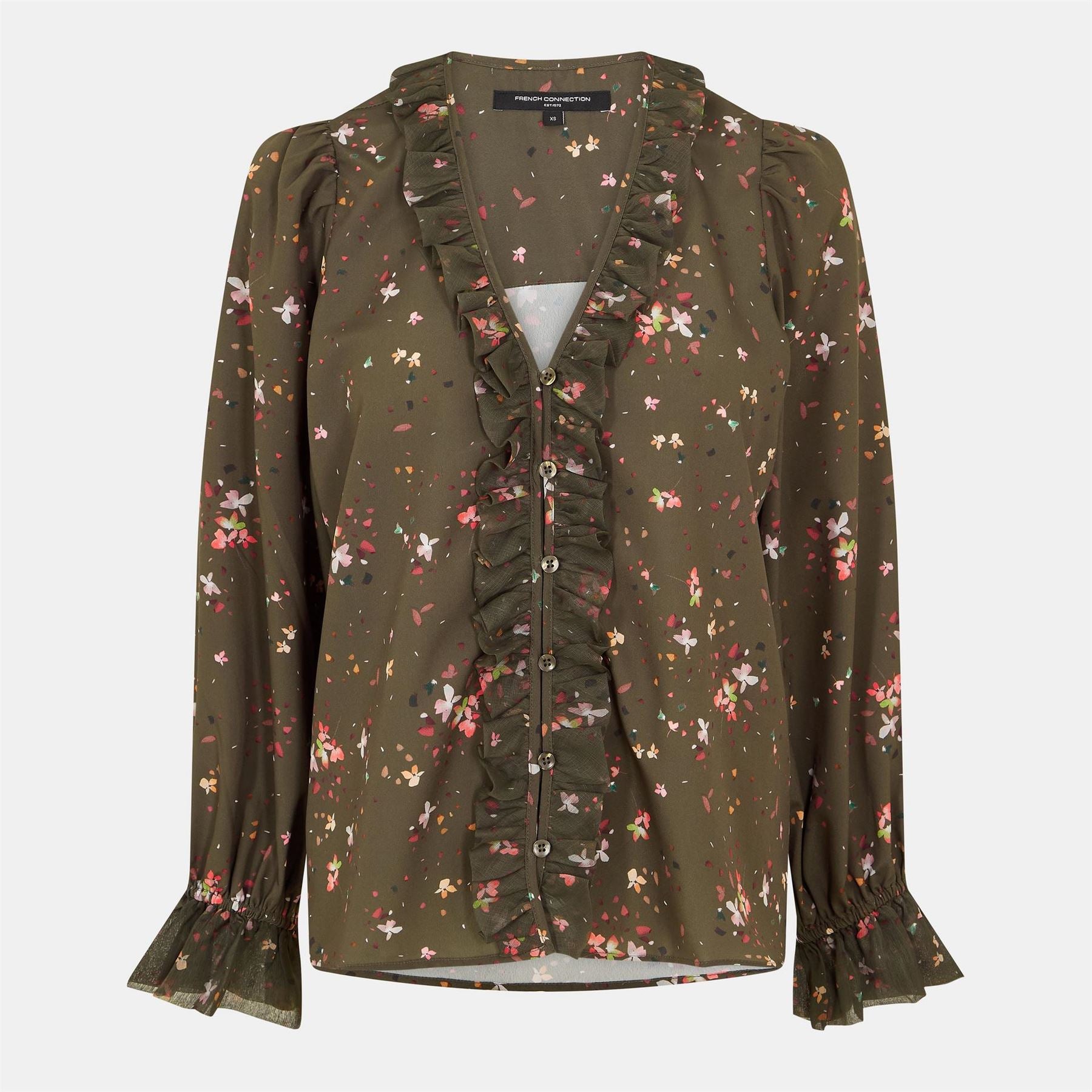French Connection Carina Recycled Crepe Ruffle Long Sleeve Blouse