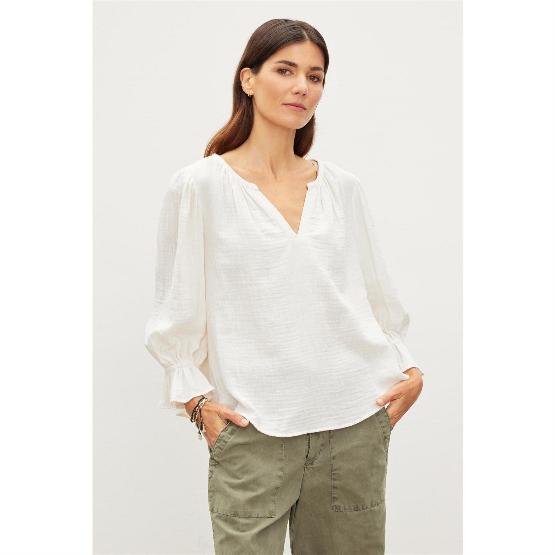 Velvet by Graham and Spencer Regular Fit V-Neck Bishop Sleeve Blouse