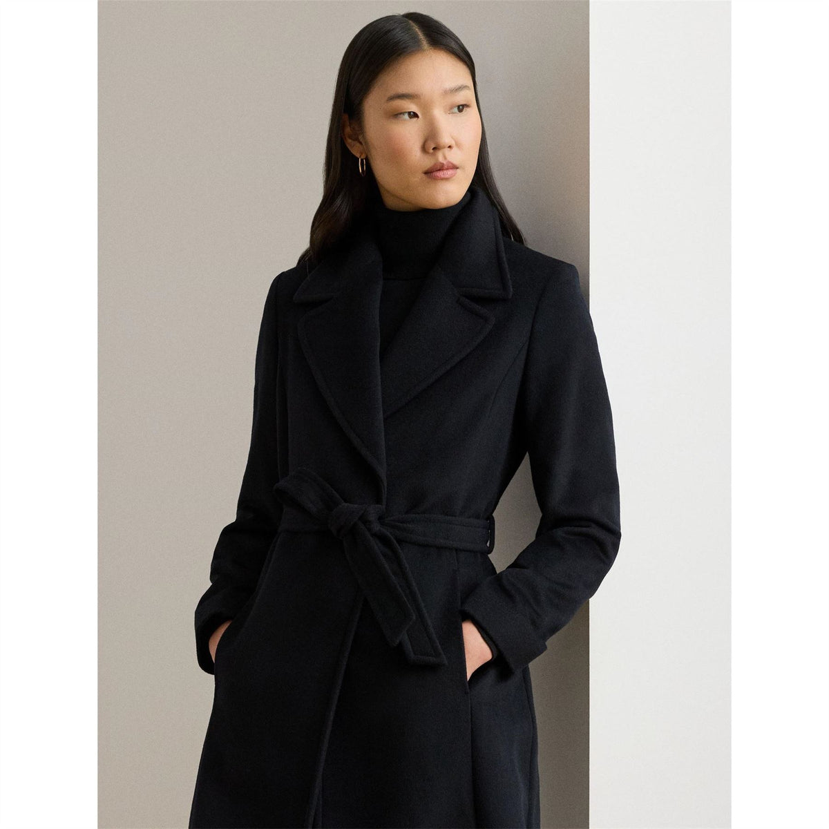 Lauren by Ralph Lauren Wool Solid Patterned Wrap Coat with Lapel Collar