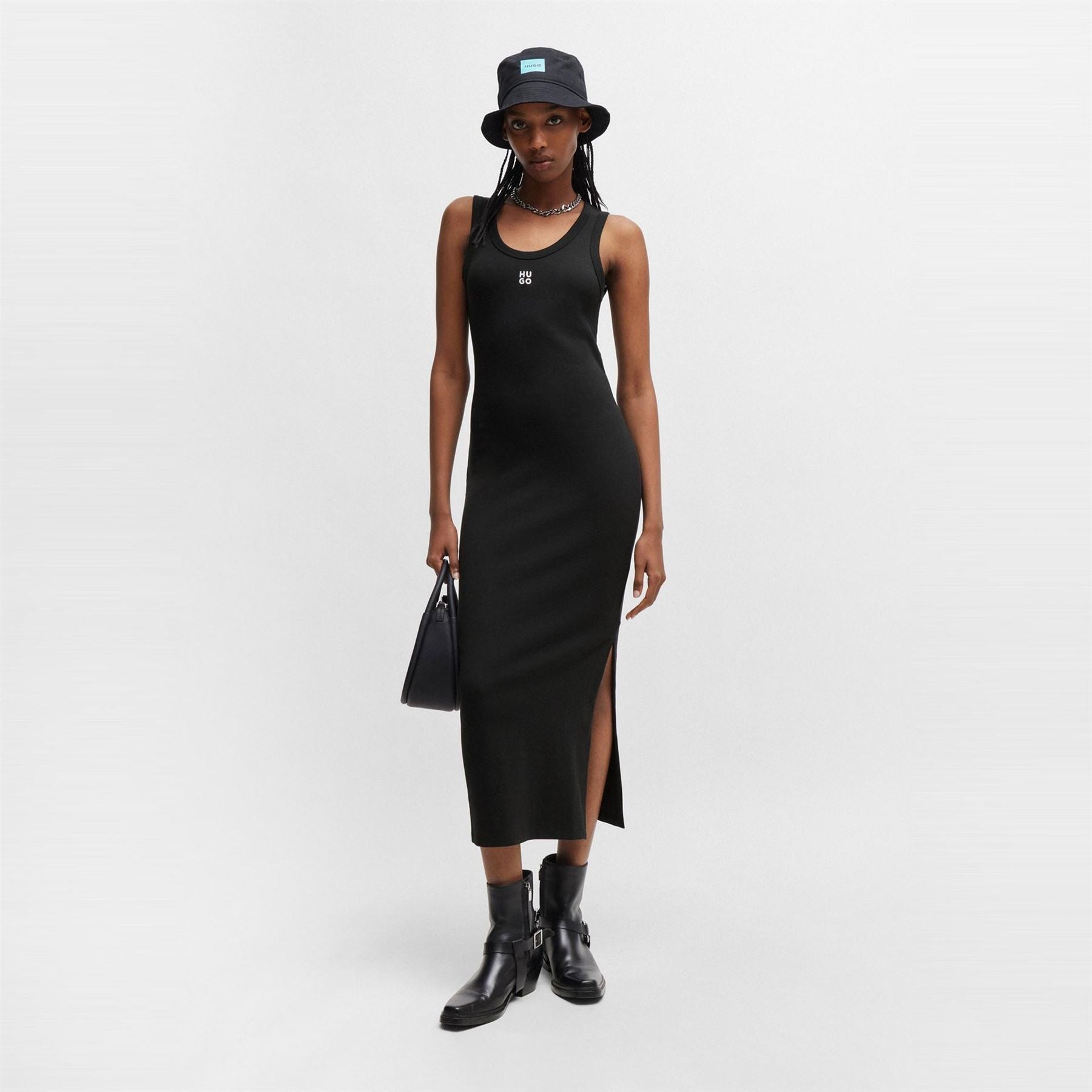 Hugo HUGO Nalimera Ribbed Midi Dress with Logo Detail