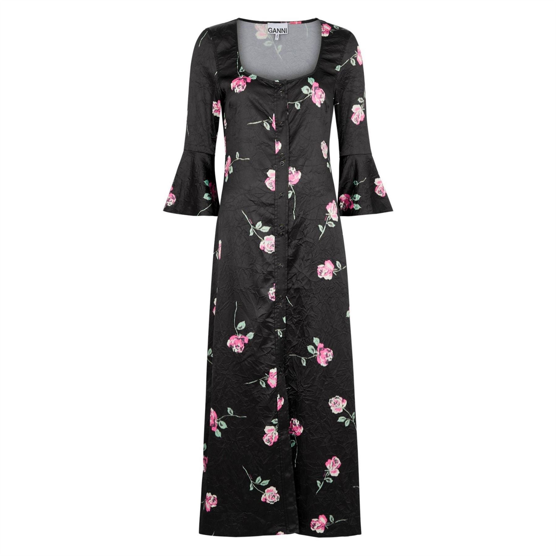 Ganni Crinkled Satin Uneck Dress