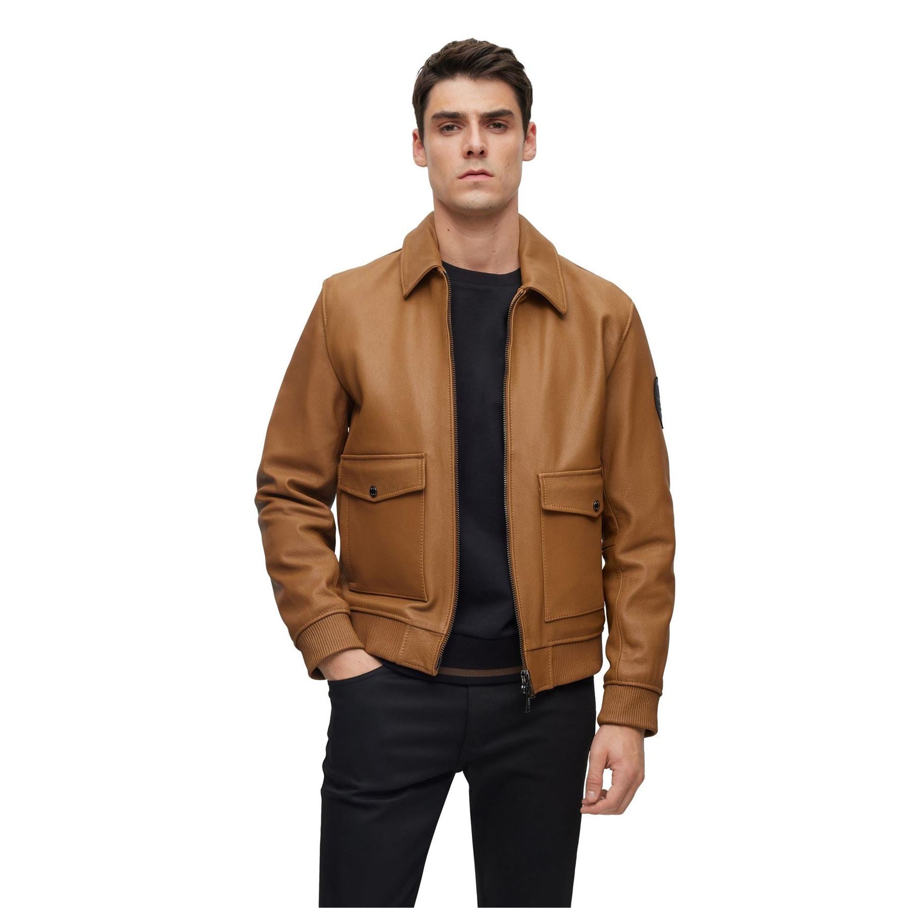 Boss Mylen Solid Patterned Ribbed Cuff Bomber Jacket