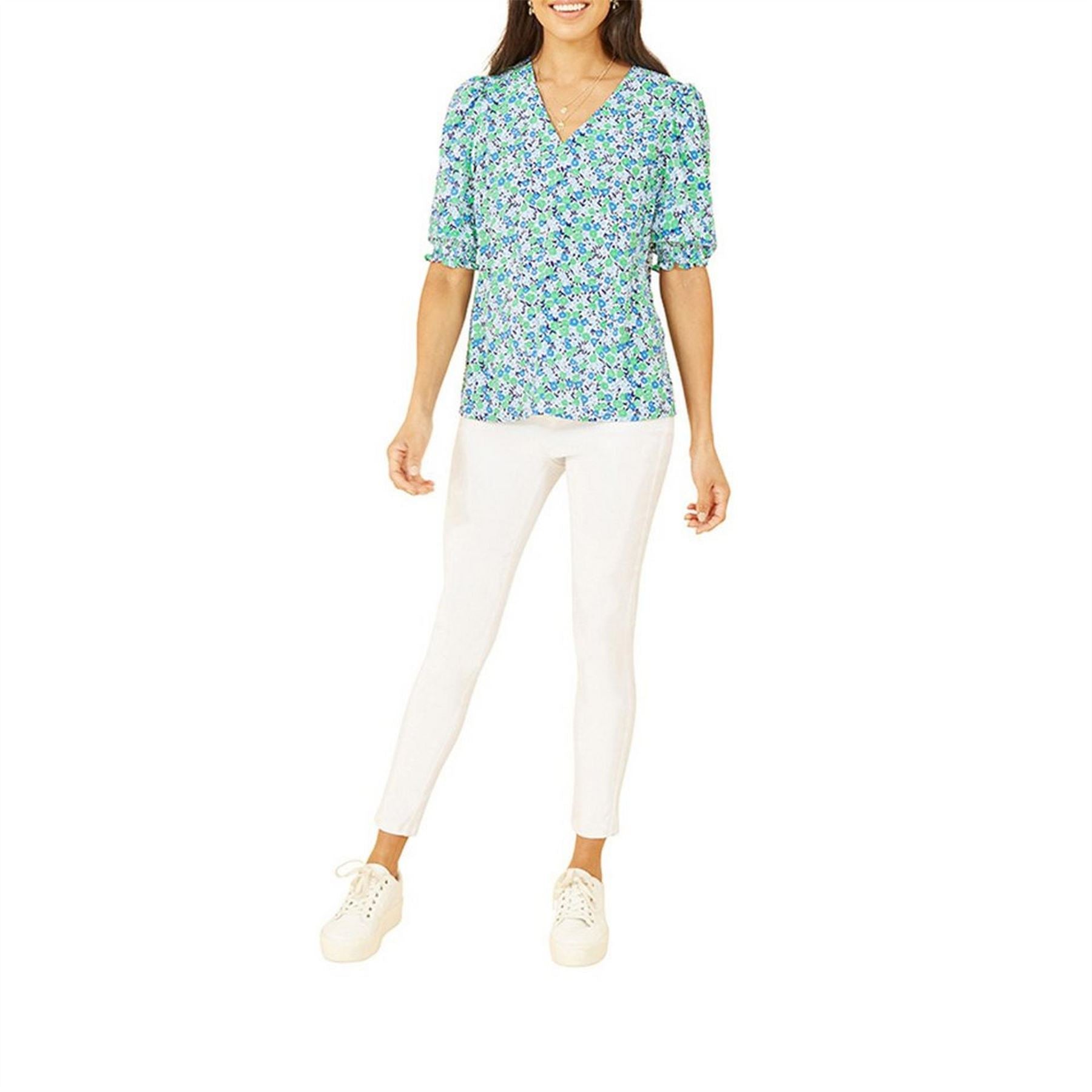 Yumi Green Ditsy Print Puff Sleeve Top