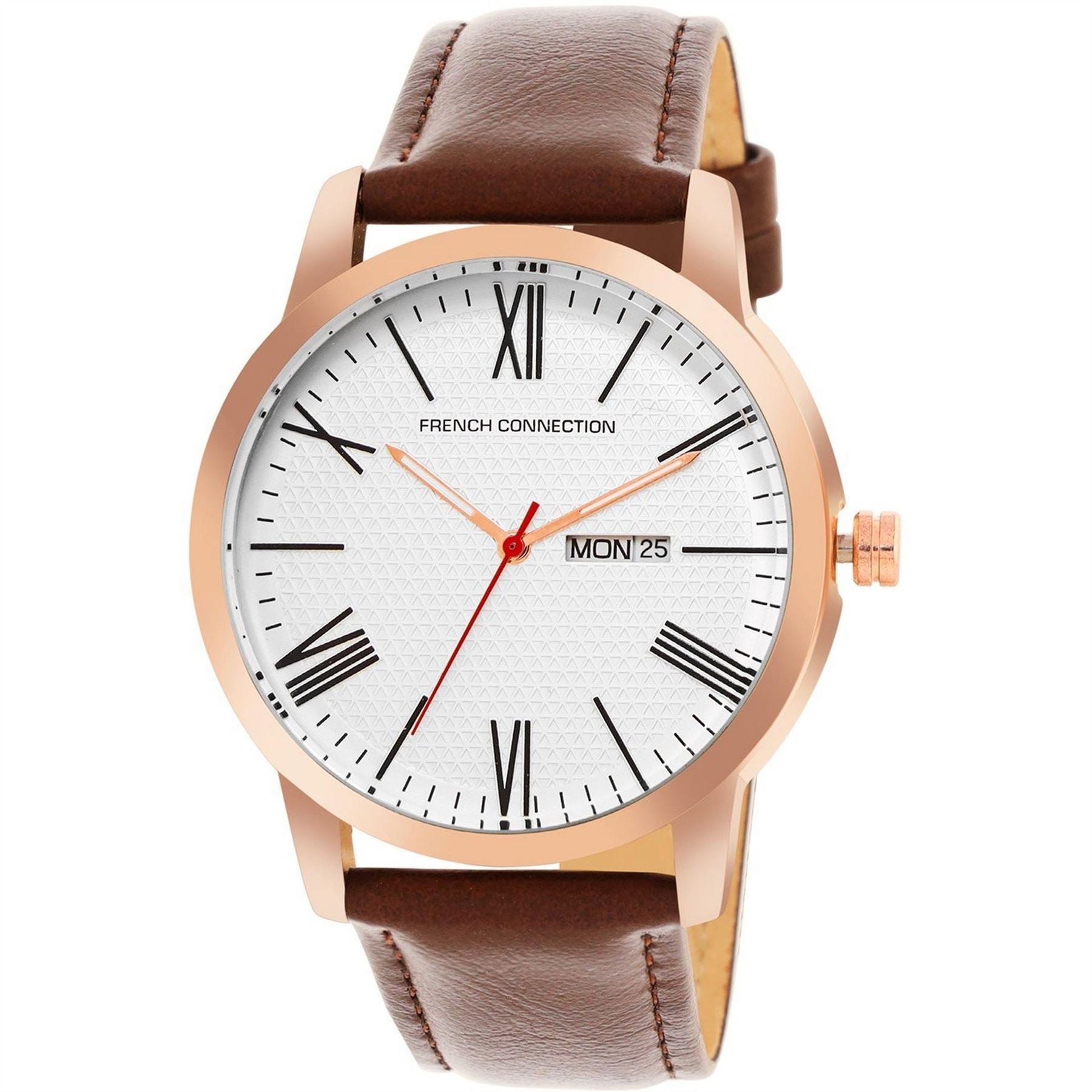 French Connection Connection Rose Case Round Shape Brown Strap Quartz Watch