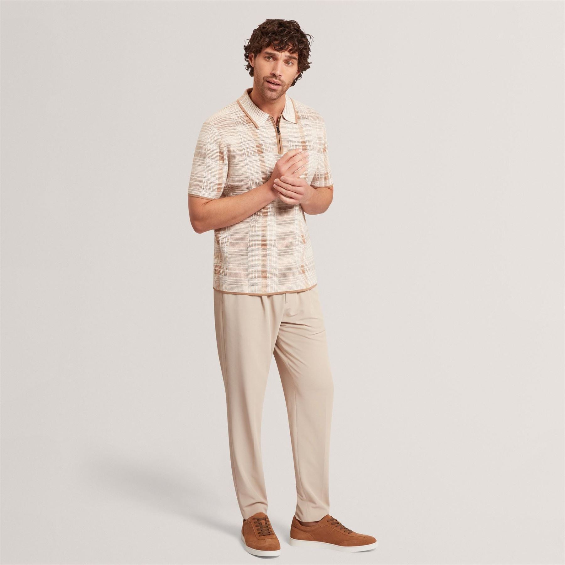 Ted Baker Checked Zip Neck Cotton Knit Polo