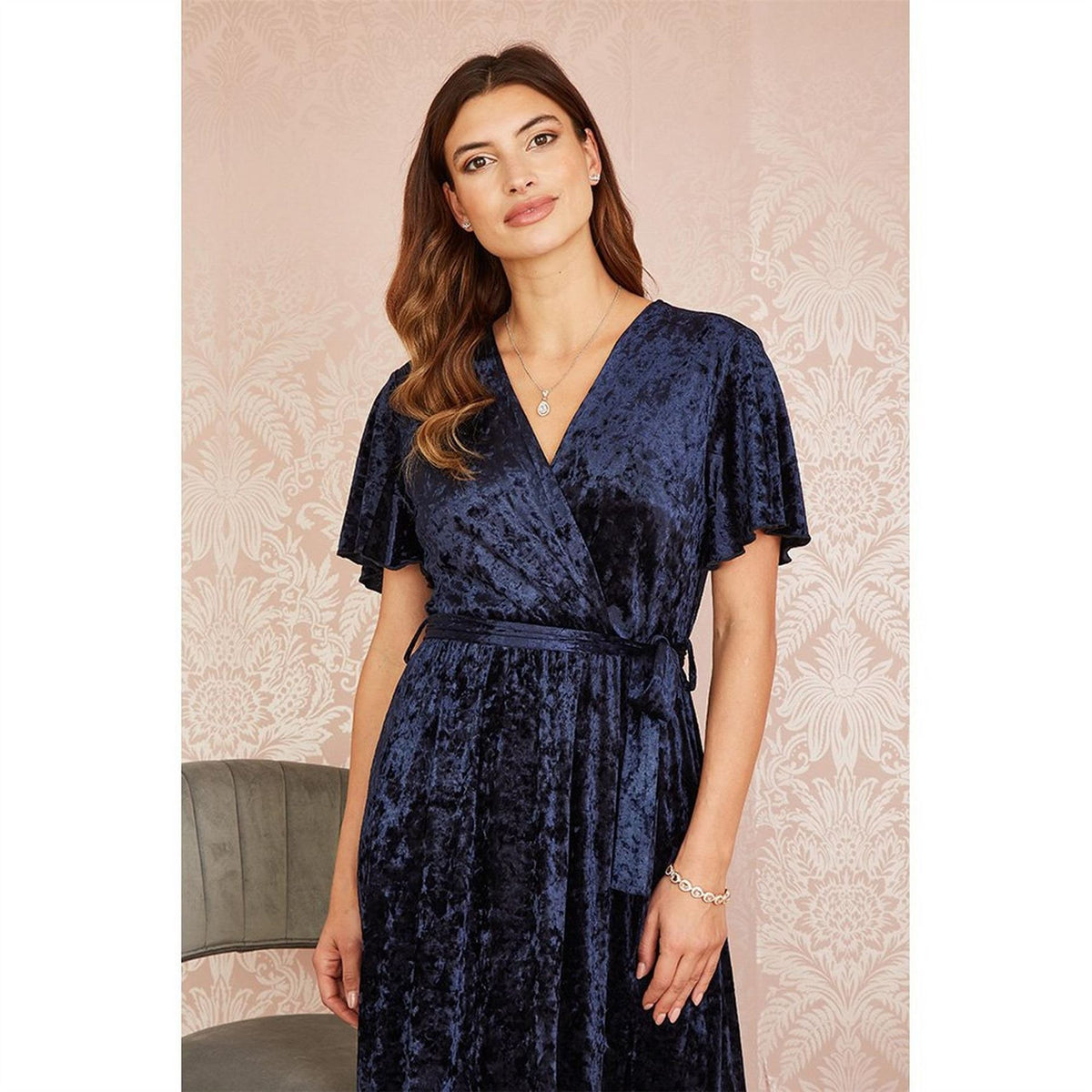 Yumi Velvet Wrap Over Midi Dress
