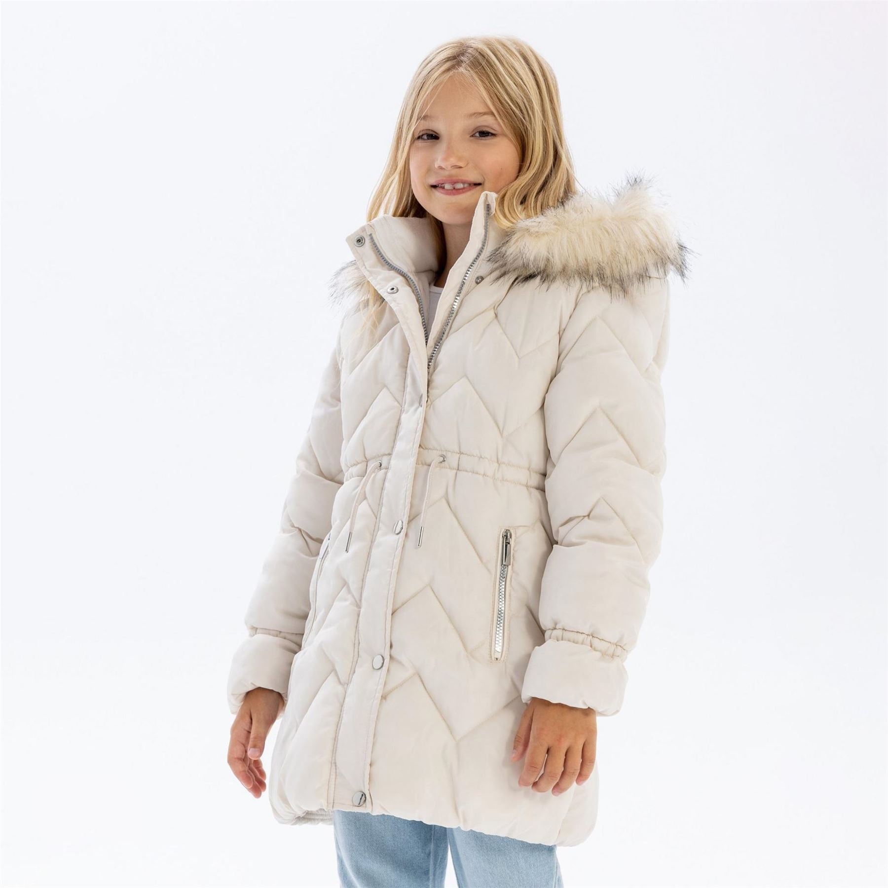 Minoti Girls Mid Length Quilted Winter Jacket With Faux Fur Hood Grey