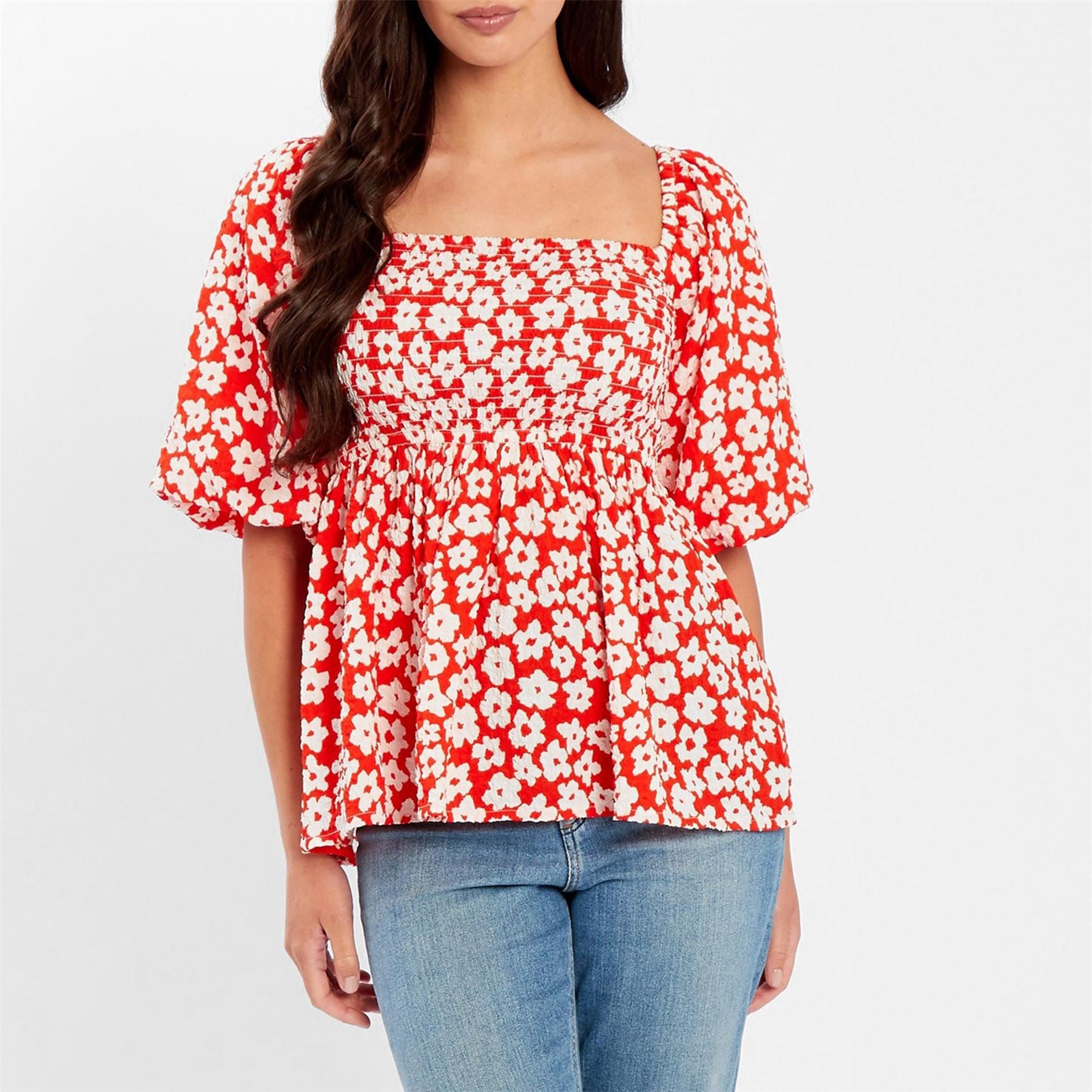 Be You Waffle Square Neck Short Sleeve Blouse