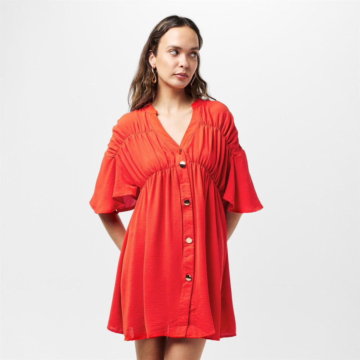 AX Paris Orange Button Up Ruched Detail Smock Dress
