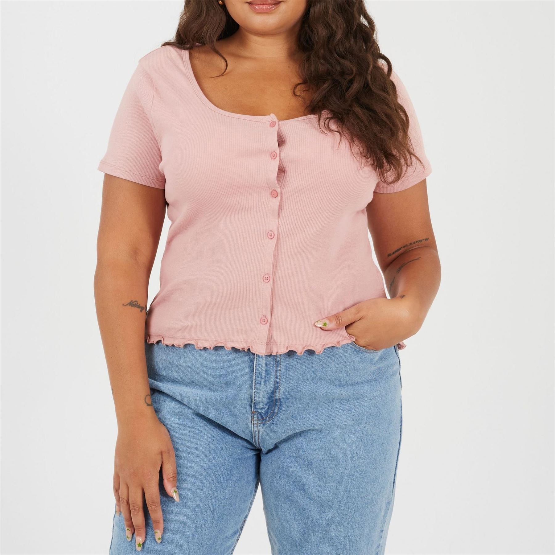 Brave Soul Plus Size Button Through Short Sleeve Top With Lettuce Hem