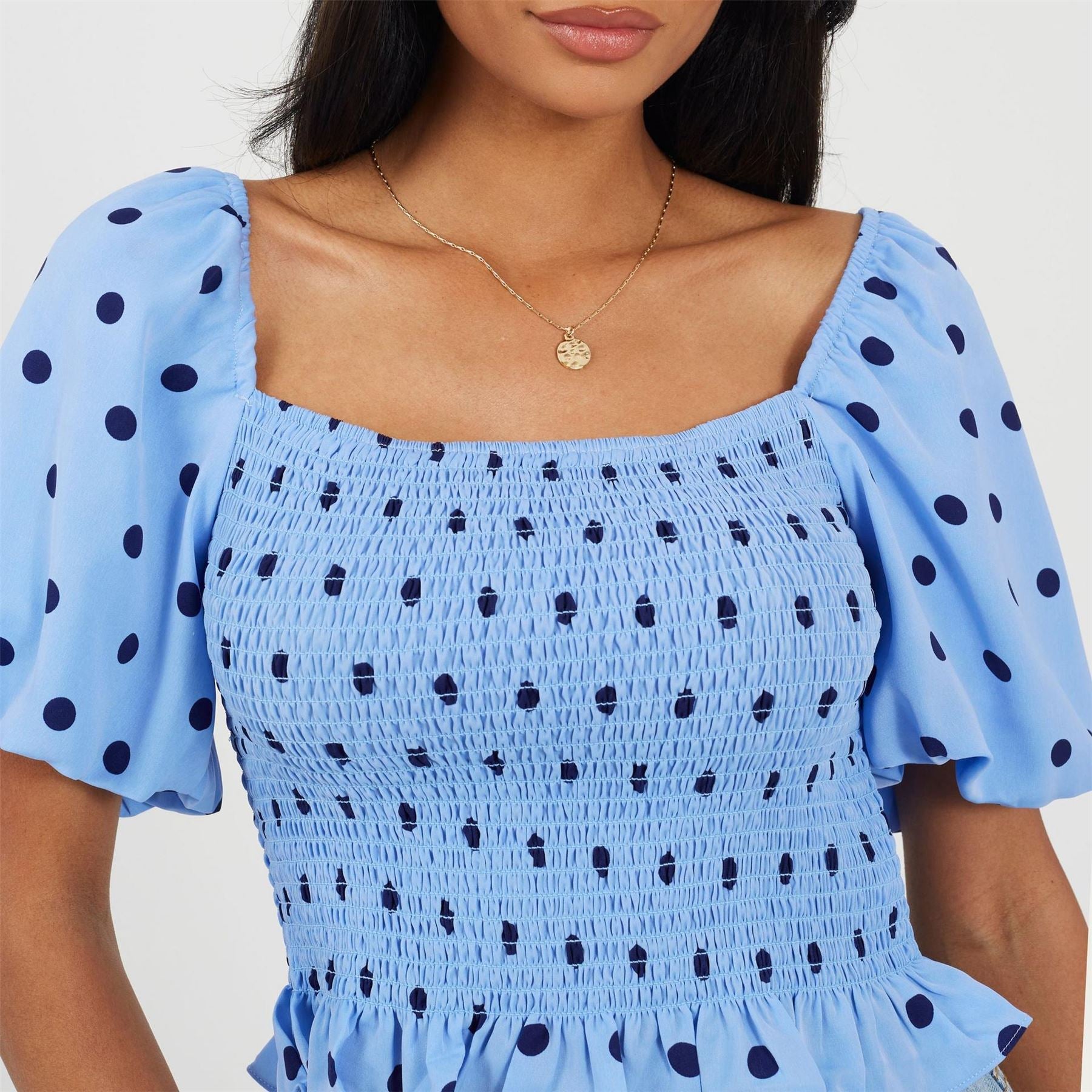 Brave Soul Womens Puff Sleeve Shirred Bust Polka Dot Top