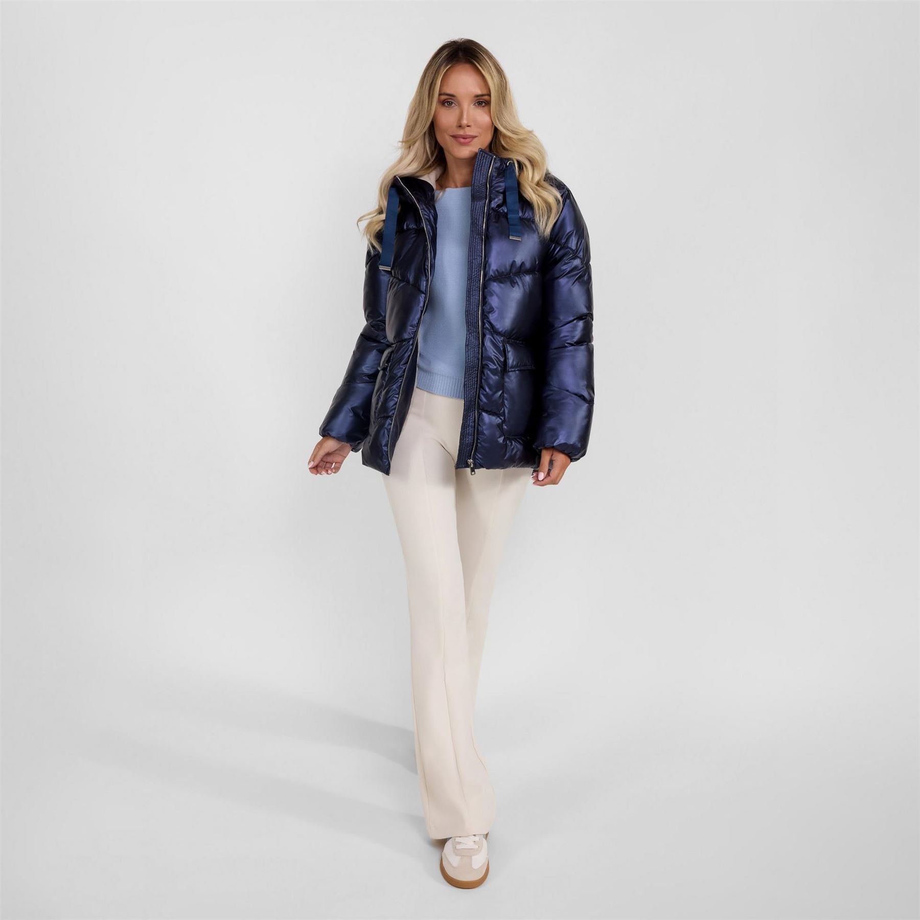 Minoti Women Quilted Short Hooded Jacket With Zip And Pockets Navy