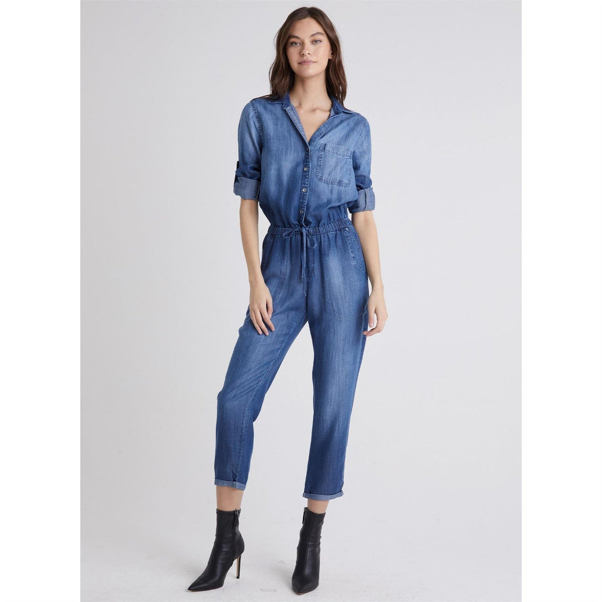 Bella Dahl Collared Neck Three Quarter Sleeve Denim Jumpsuit