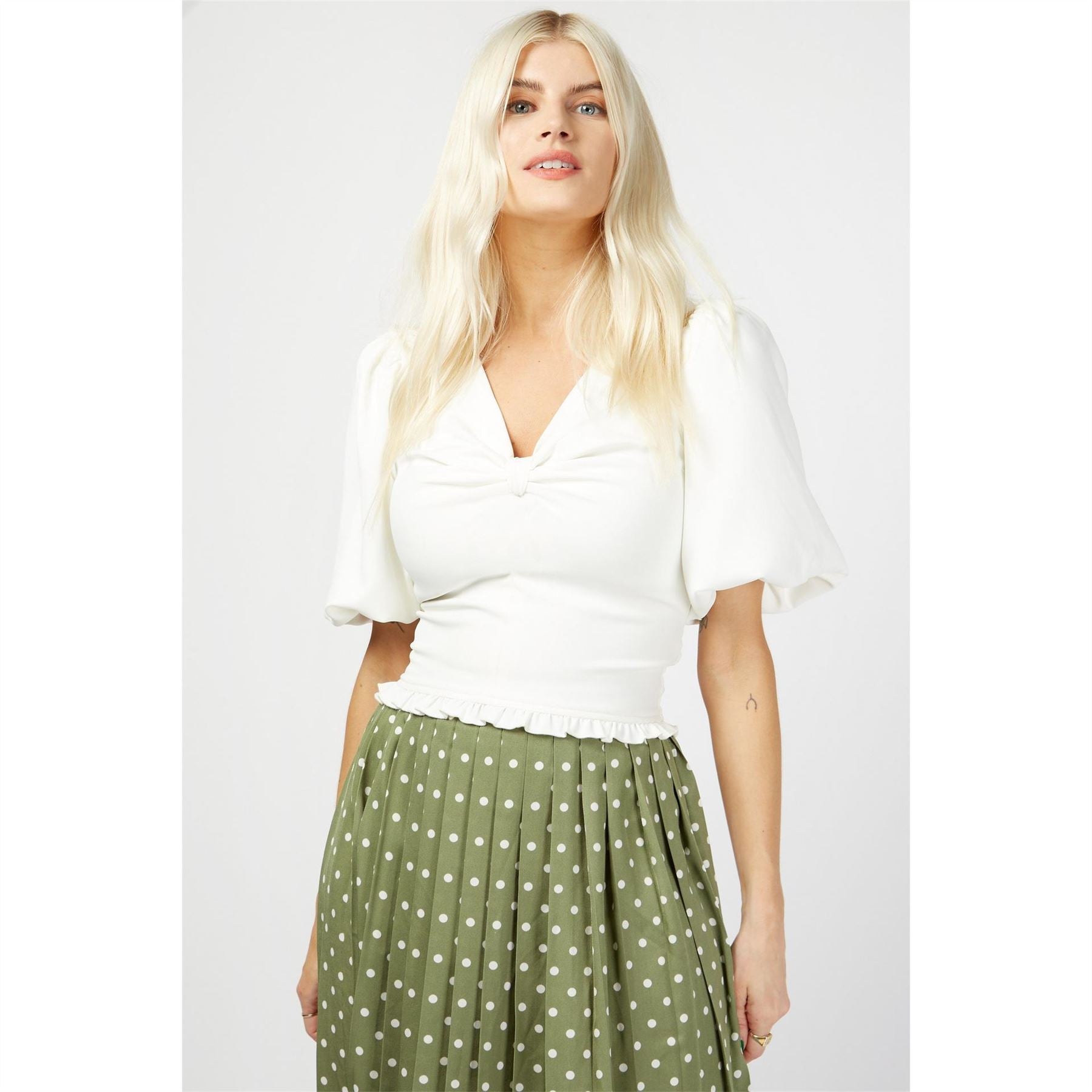 Little Mistress Cropped Puff Sleeve V-Neck Blouse
