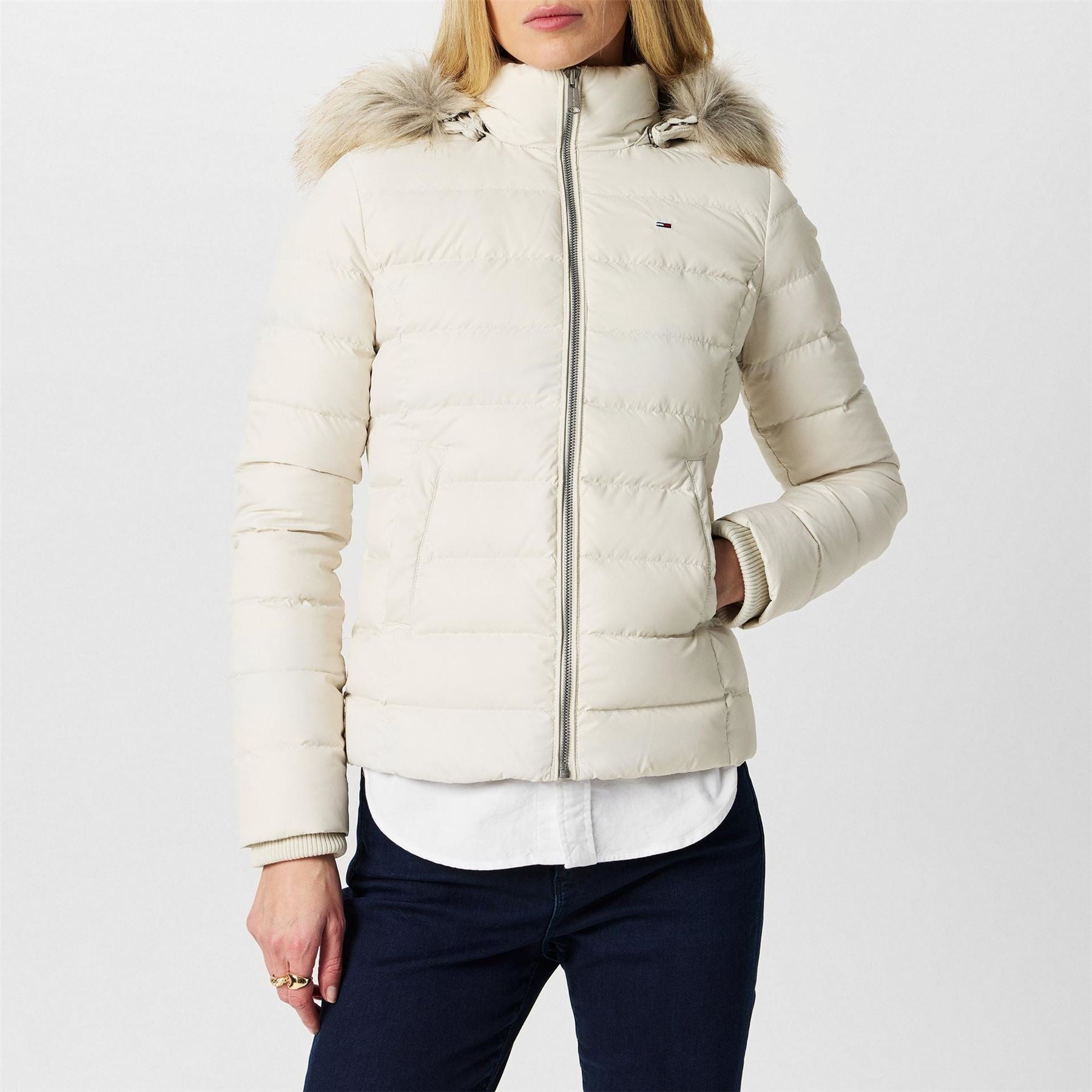 Tommy Jeans Essential Quilted Wind Resistant Faux Fur Hood RDS Down Short Puffer Jacket