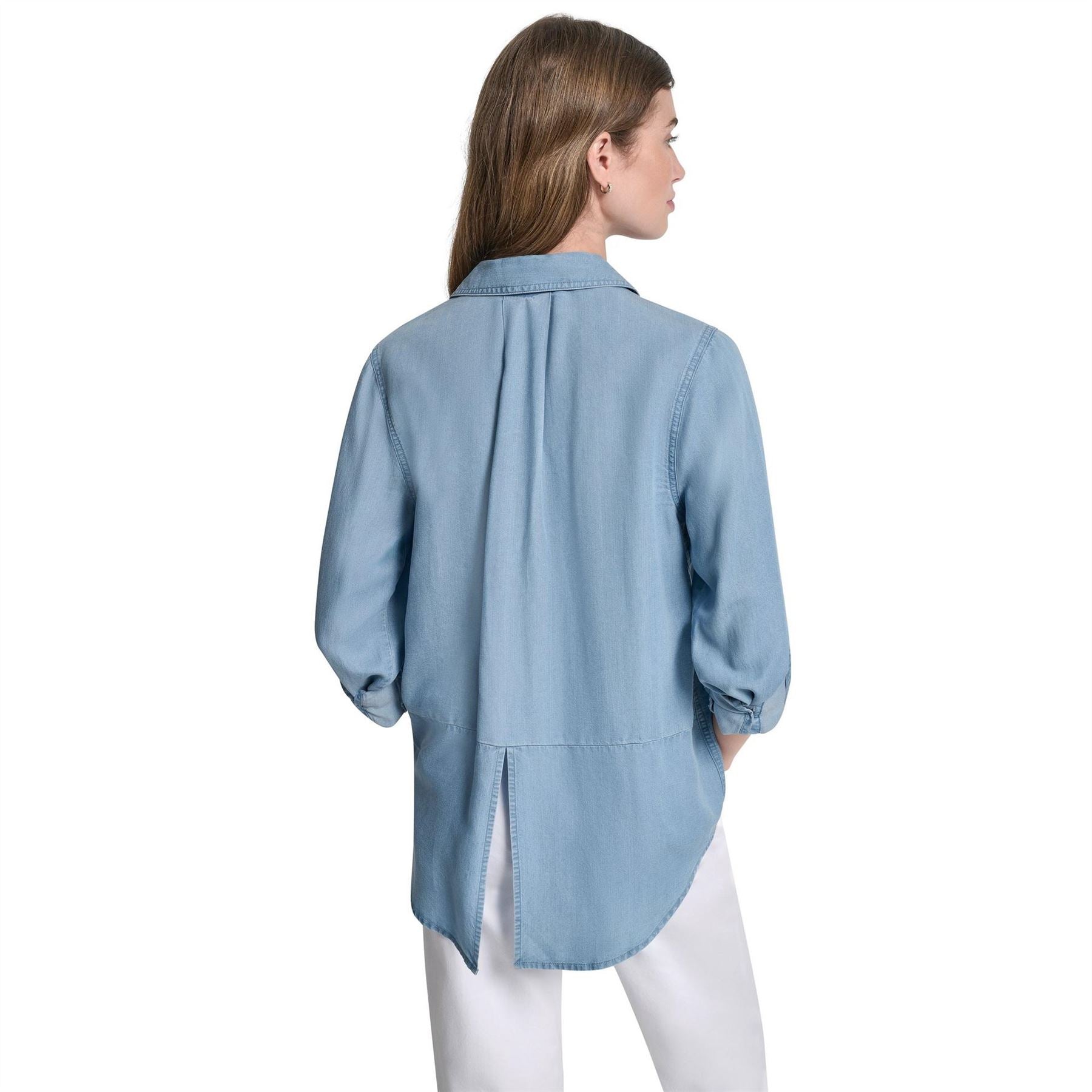 DKNY Jeans Split Back Button Front Tencel Shirt W  Roll Tab Sleeve
