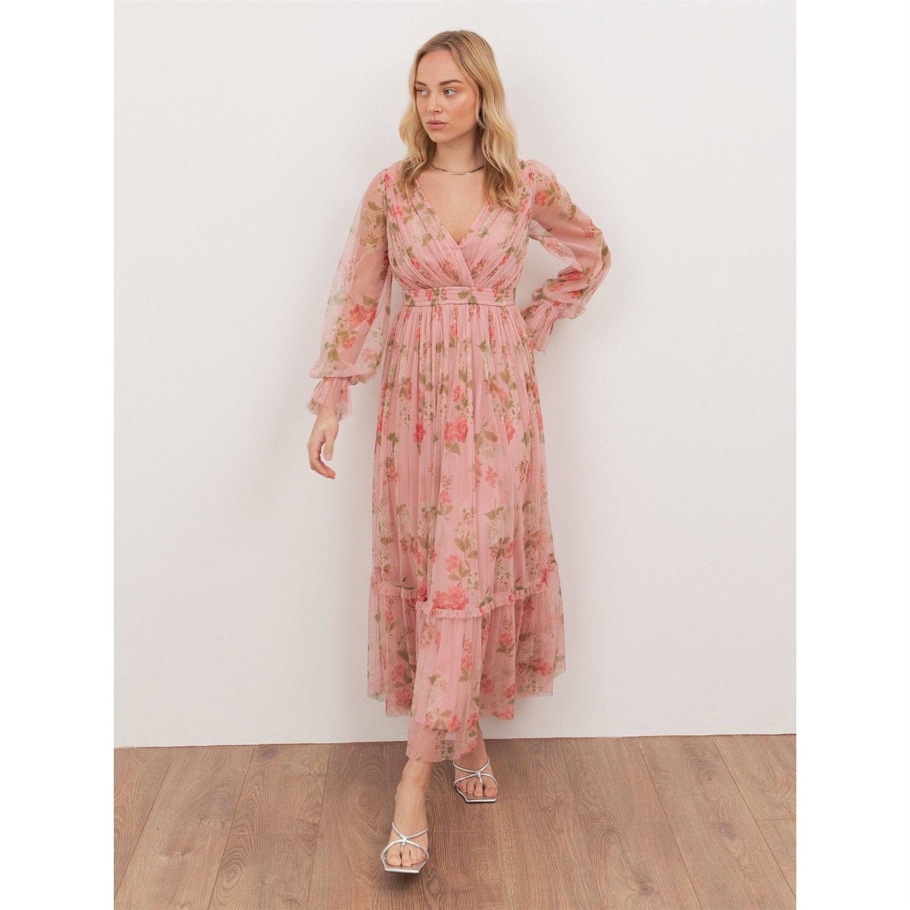 Anaya With Love With Love Recycled Pink Floral Print Faux Wrap Maxi Sleeve Midaxi Dress